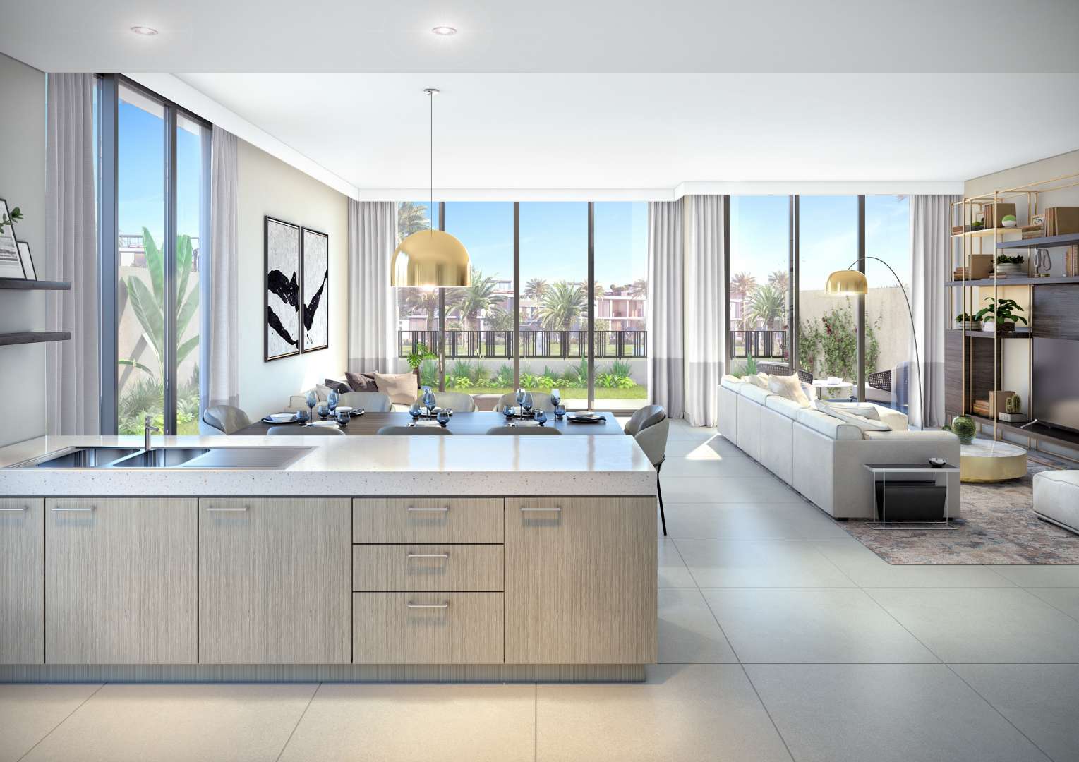 Luxurious Golf Grove villa living room with modern decor and stunning outdoor views