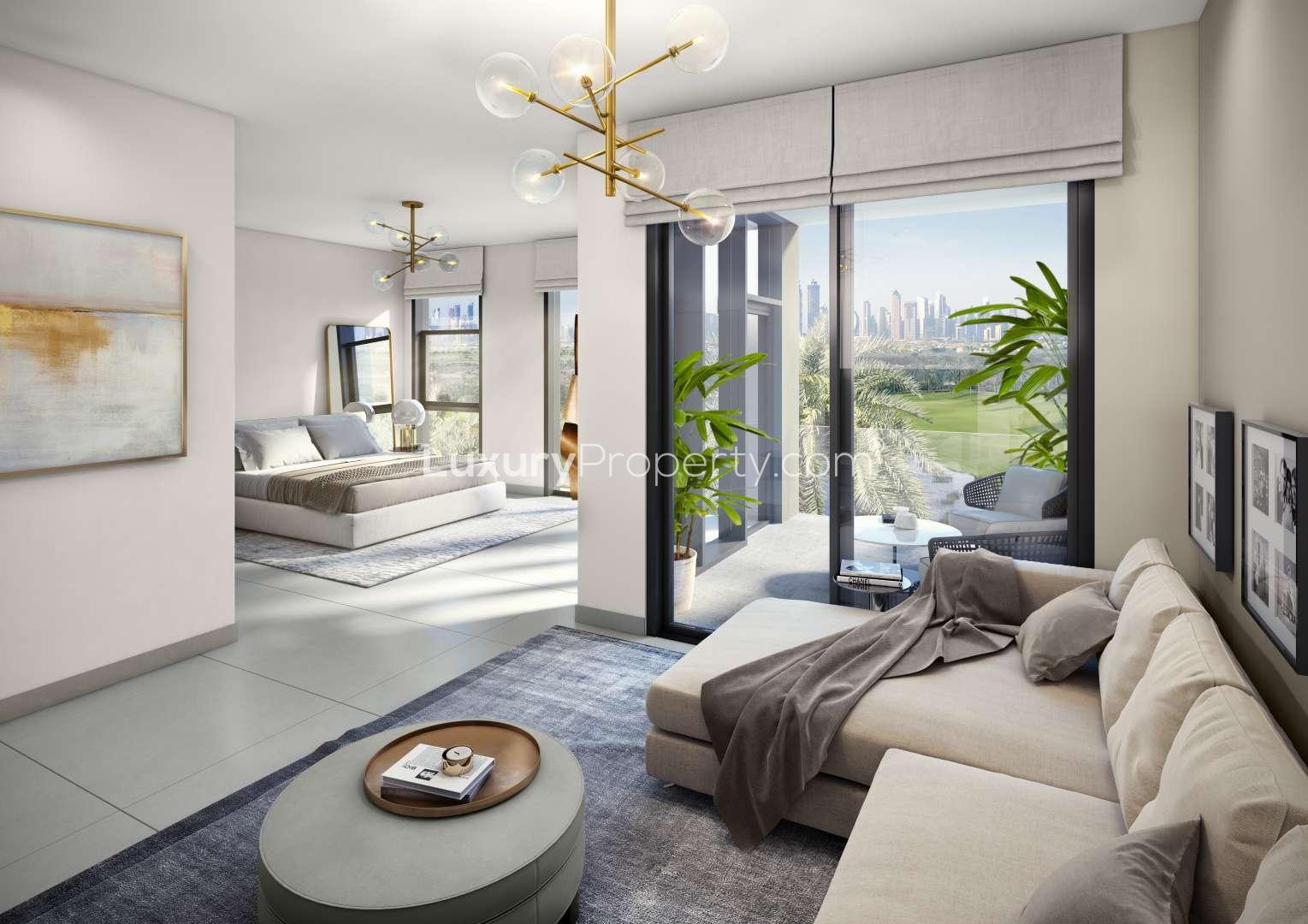 Luxurious living room and bedroom in Dubai Hills Estate villa with golf course views
