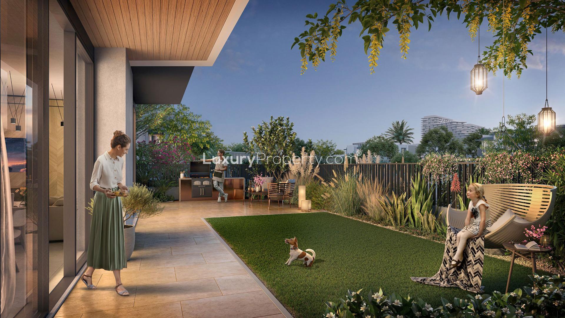 Spacious townhouse living room with modern decor and large windows in Haven by Aldar