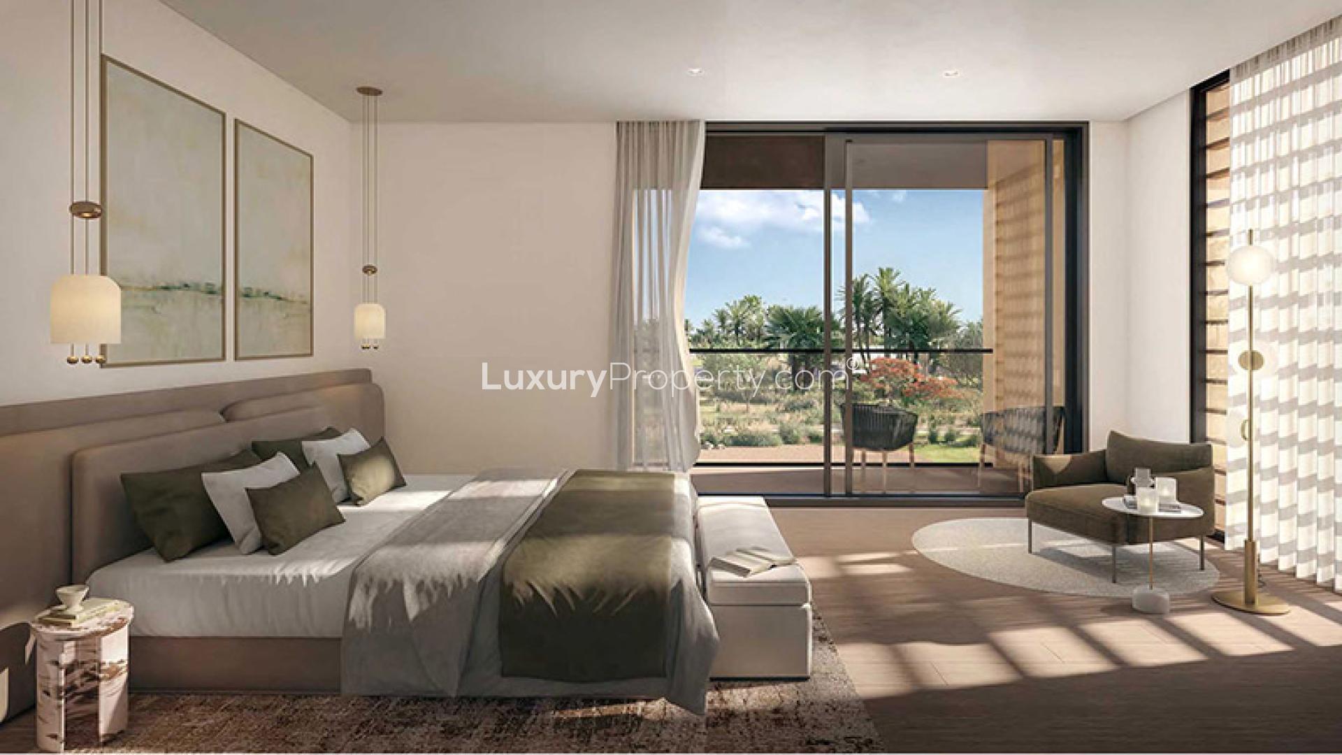 Contemporary living room in 4-bed villa, Haven by Aldar, Dubai Land, for sale