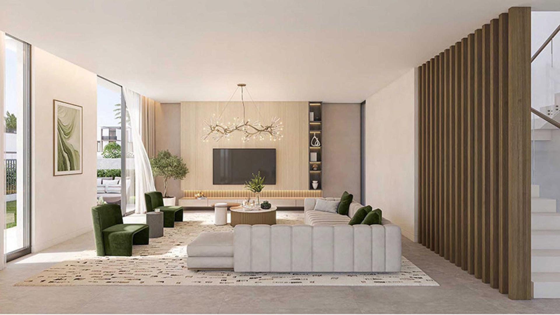 Modern living room in 4-bed townhouse, Haven by Aldar, Dubai Land