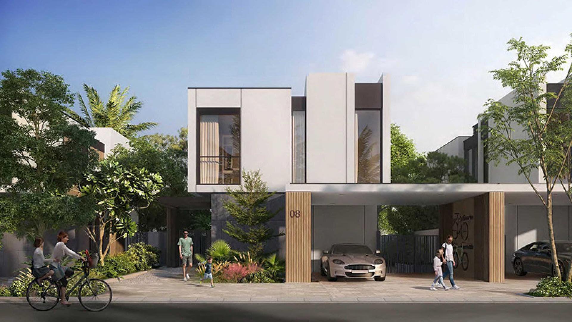 Luxurious bedroom in Haven by Aldar townhouse, Dubai Land, with garden view balcony