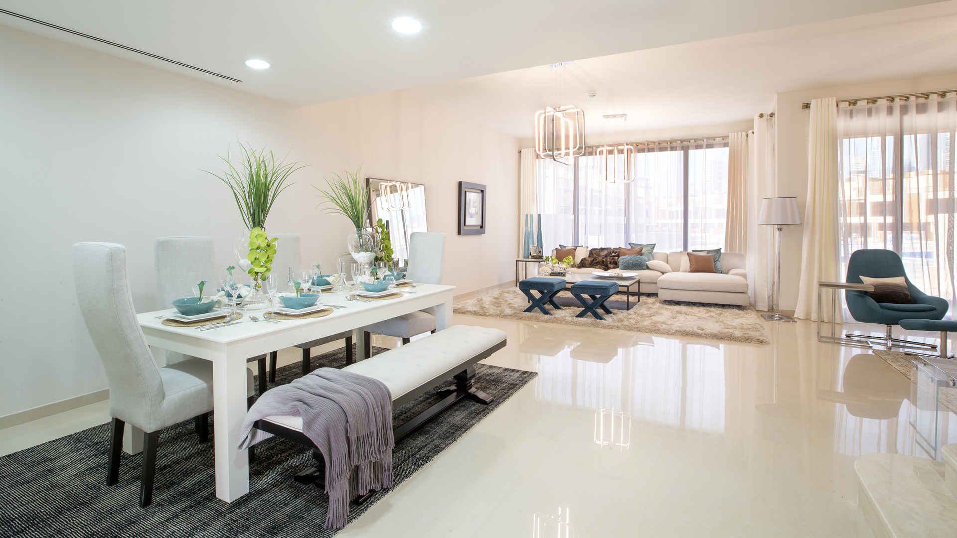 Aerial view of Jumeirah Islands Townhouses with skyline and lush greenery, LP01427 for sale