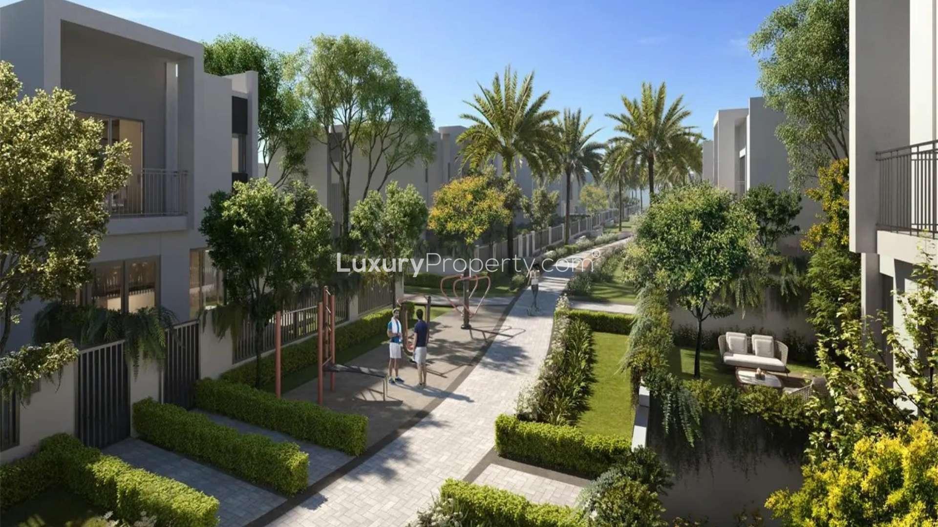 Modern living room in 4-bedroom townhouse, Villanova, Dubai Land, with garden view