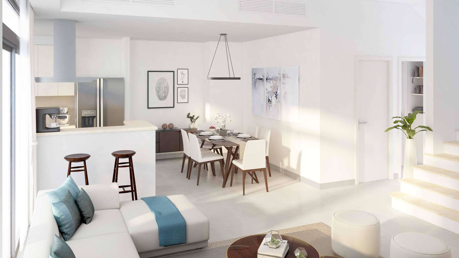 Modern open-plan kitchen and living area in Naseem Townhouse, Dubai Town Square