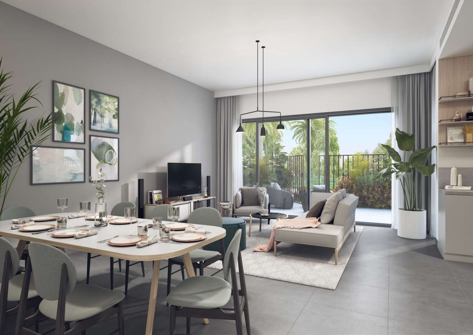 Modern townhouse interior with dining area, living room, and garden view in Arabian Ranches 3