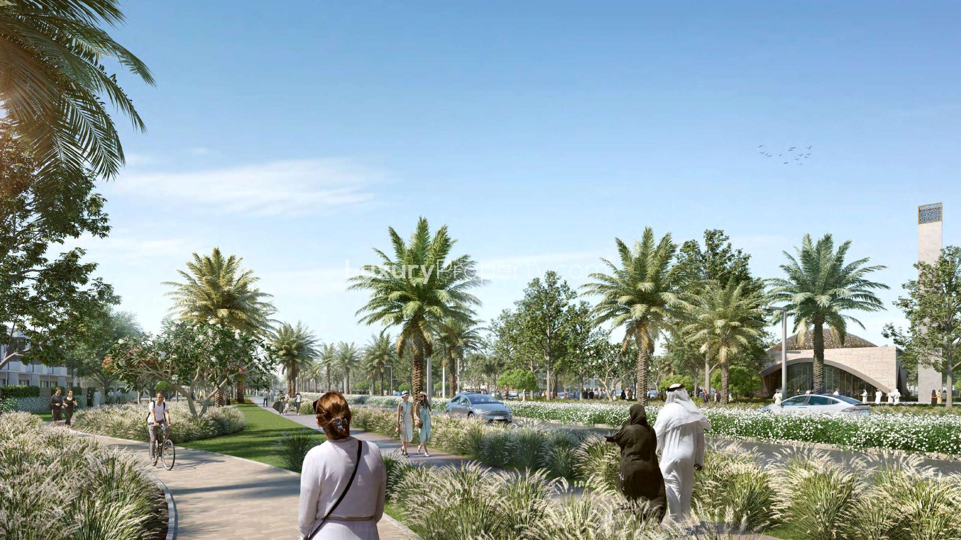 Modern townhouse exterior in Arabian Ranches 3, Ruba community, featuring spacious balconies and carport