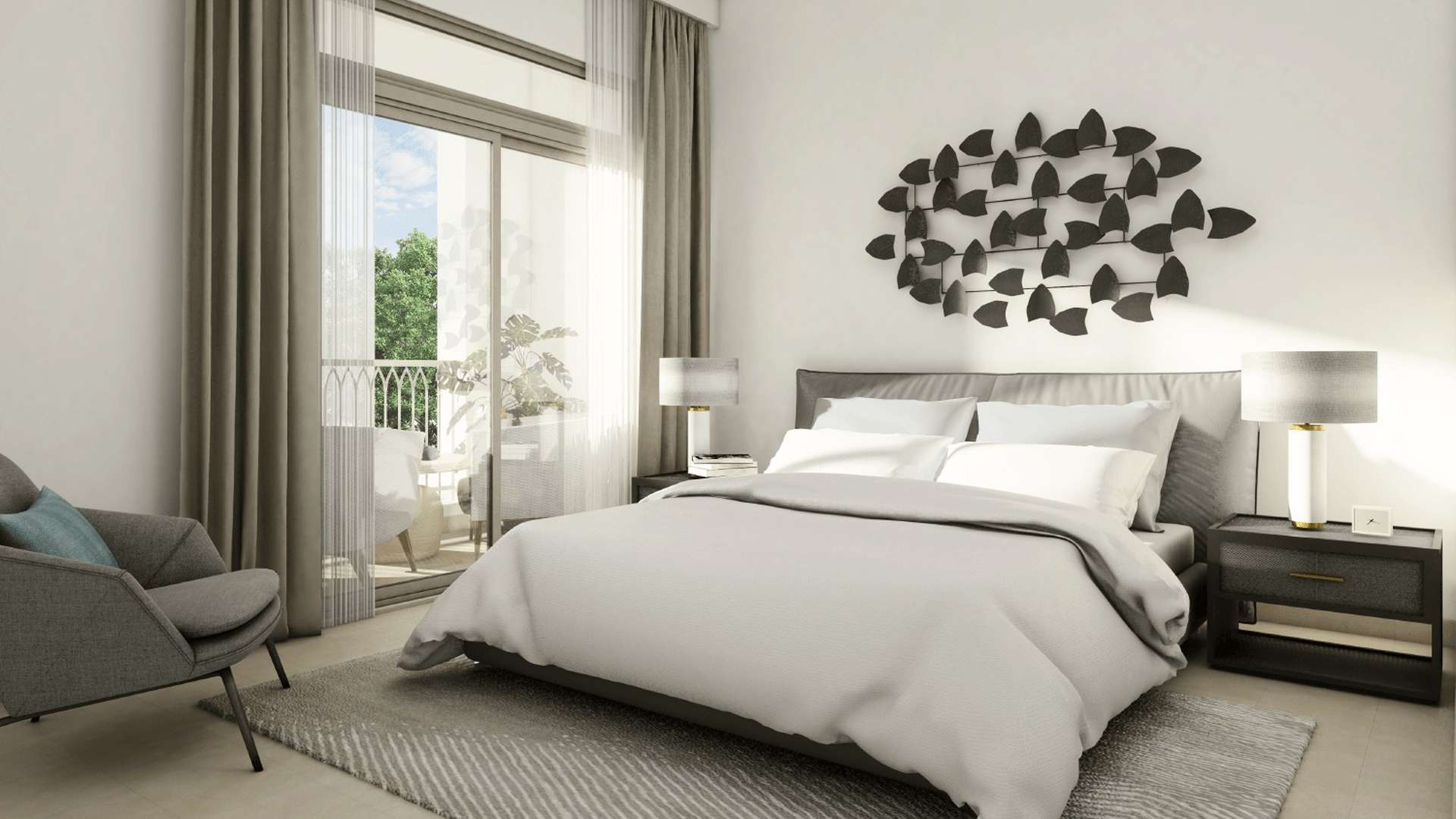 Modern townhouse community street view in Sama Townhouses, Town Square Dubai with palm trees