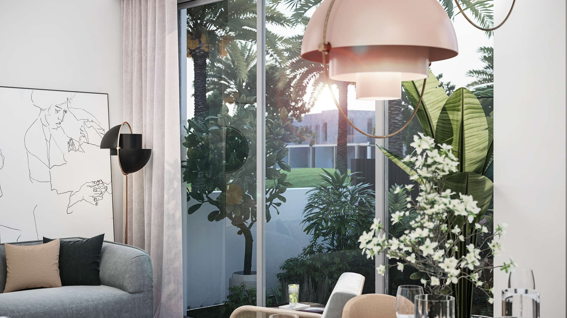 Contemporary dining and living area in Sun, Arabian Ranches III townhouse for sale