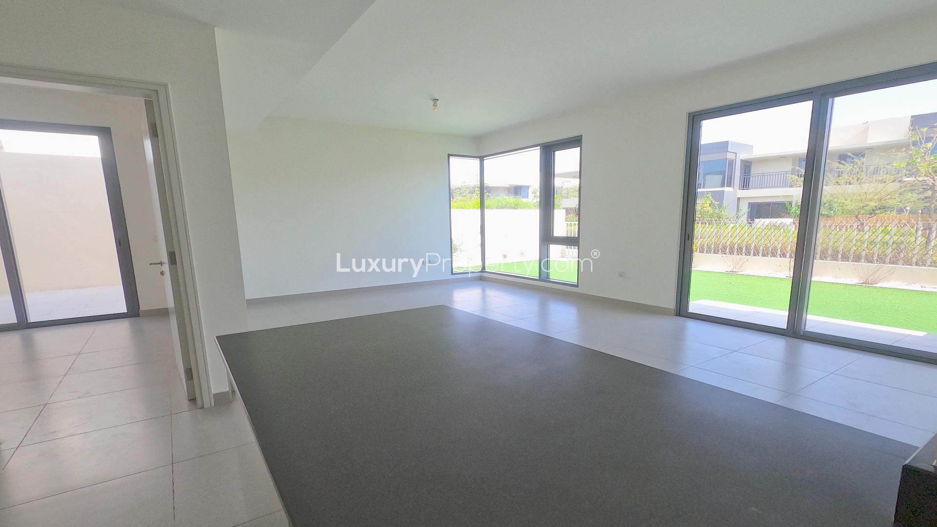 Contemporary villa exterior with garden in Maple, Dubai Hills Estate, 4-bedroom rental property