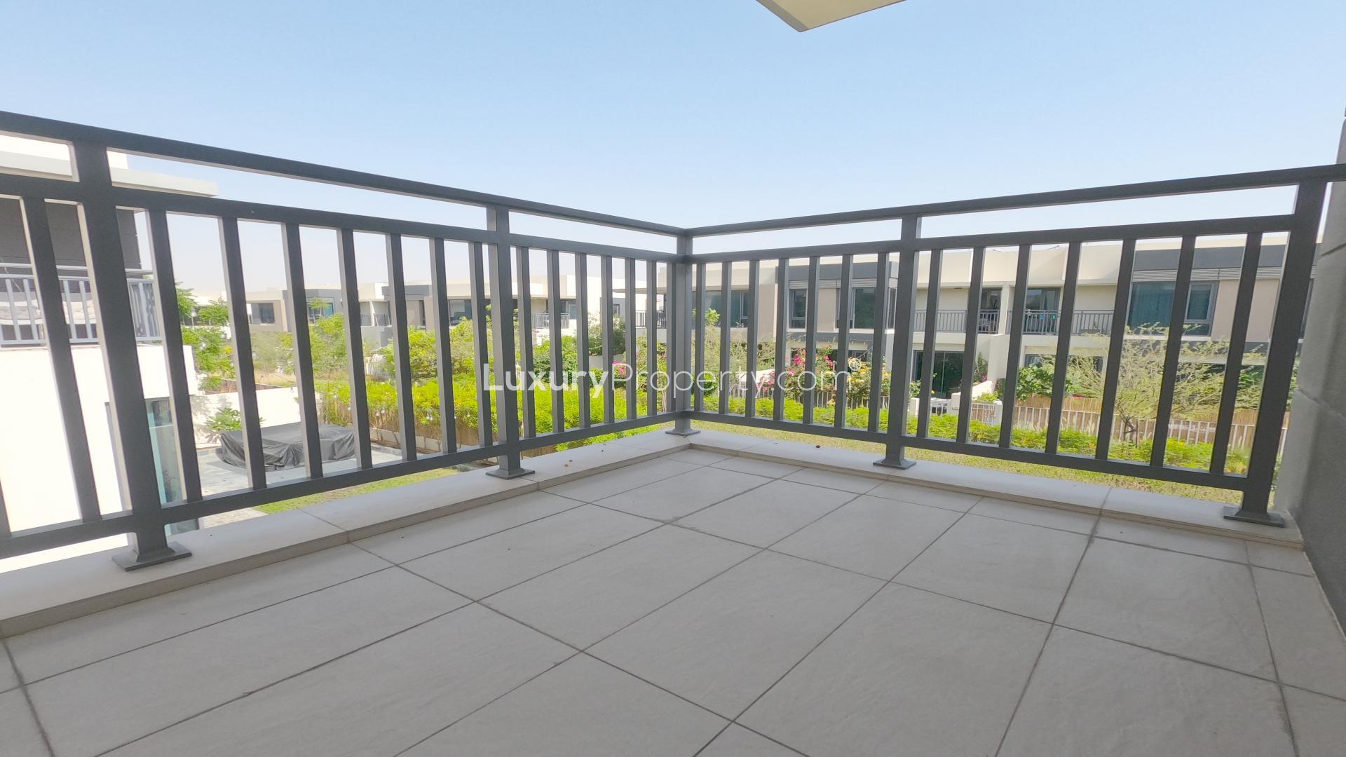 Contemporary living room with large windows, Maple Villa, Dubai Hills Estate, for rent