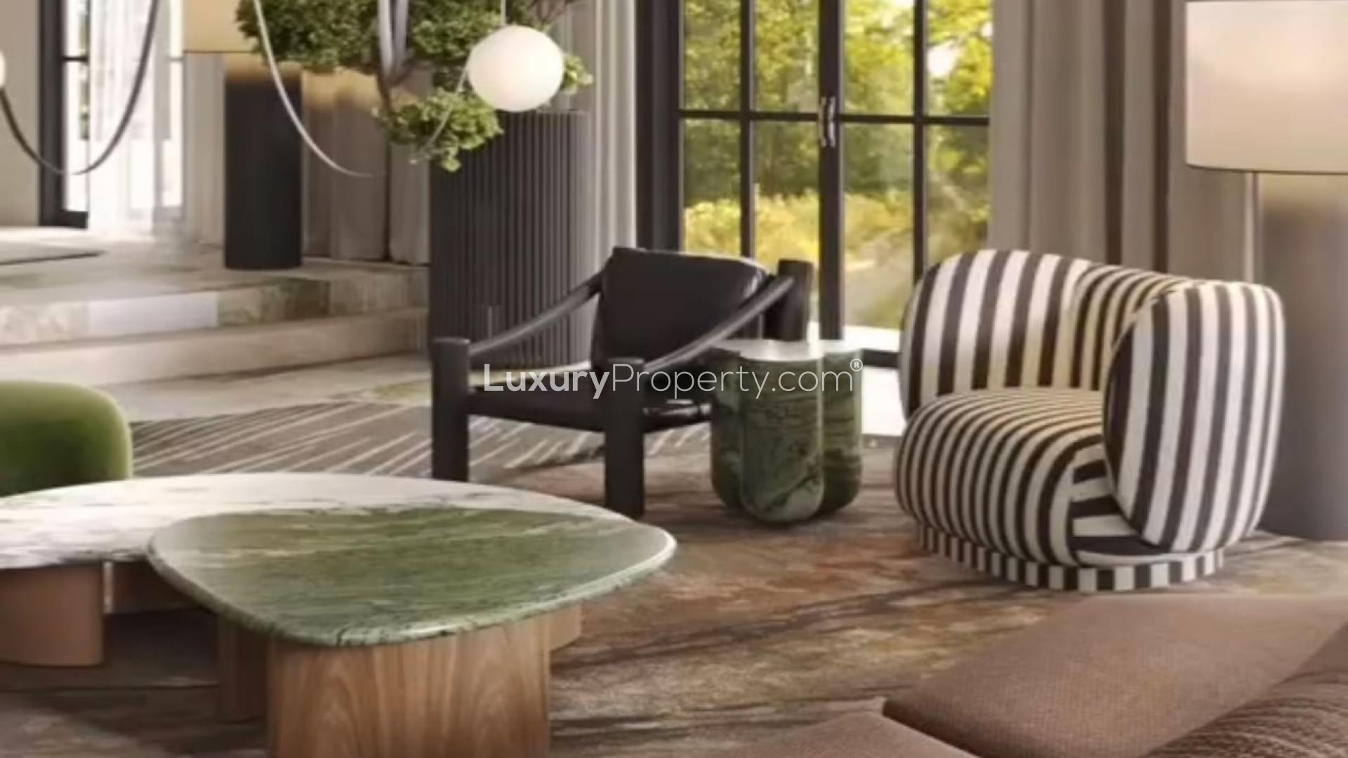 Luxurious Jumeirah Islands villa interior with modern furnishings and large arched windows