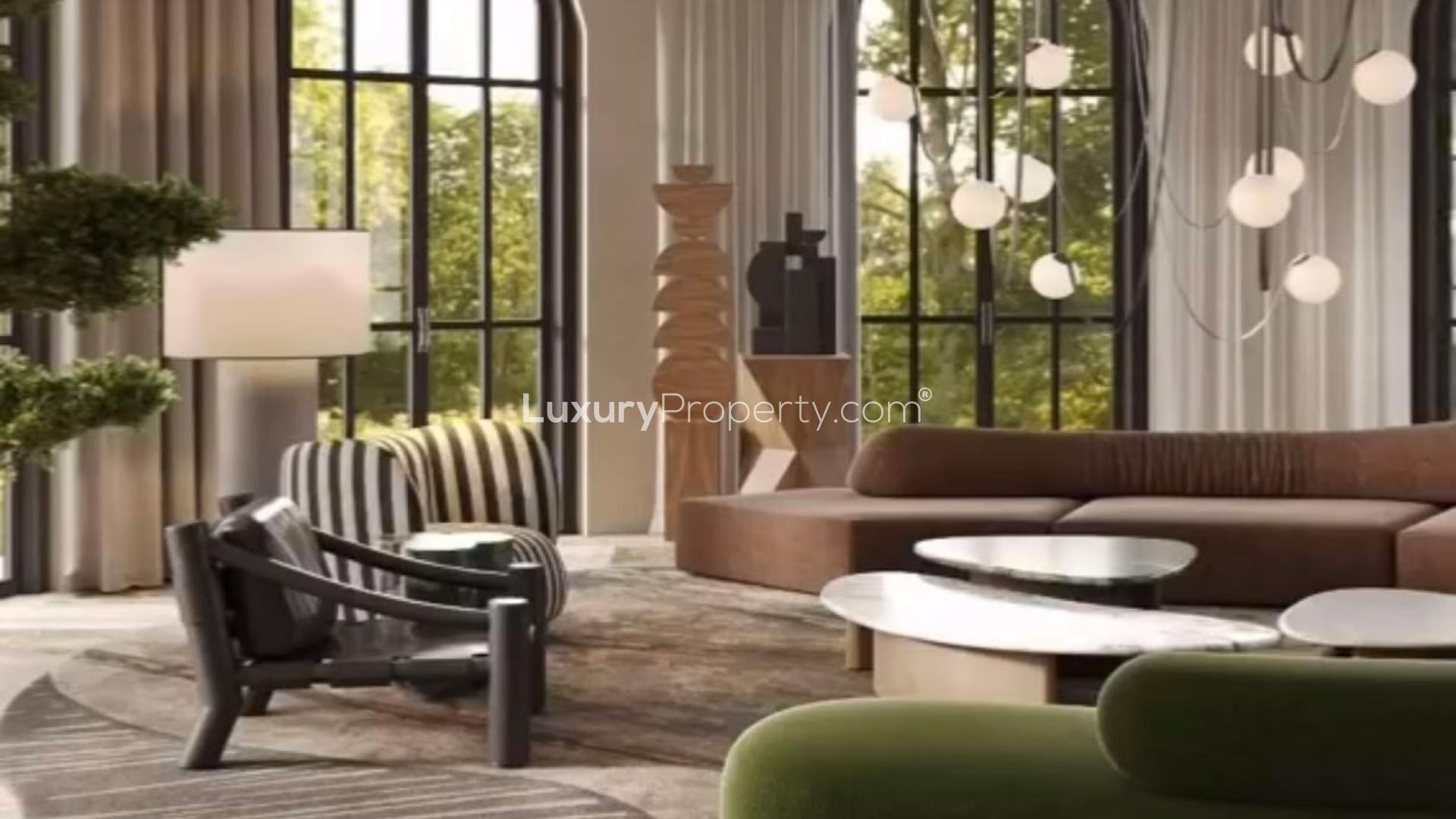 Luxurious Jumeirah Islands villa dining area with marble countertops and modern wine storage