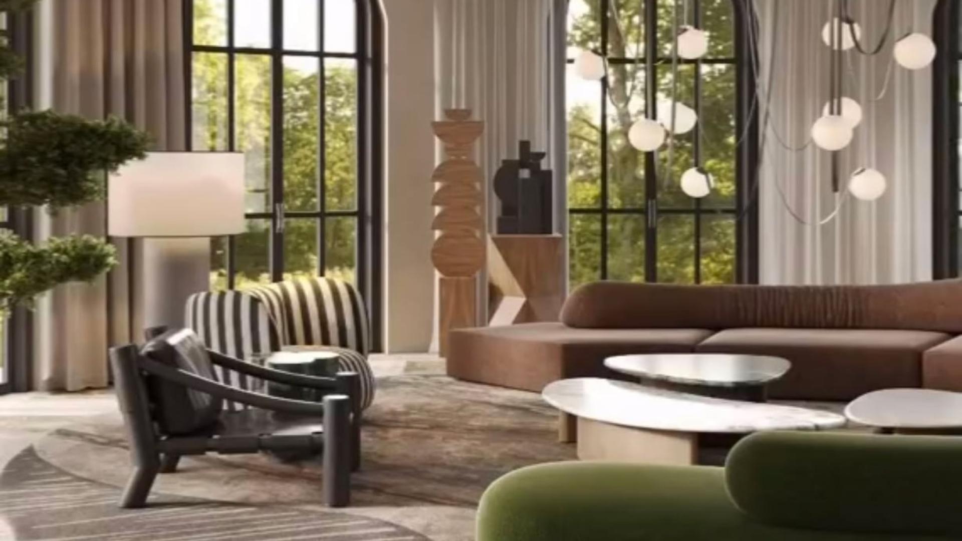 Luxurious Jumeirah Islands villa dining area with marble countertops and modern wine storage