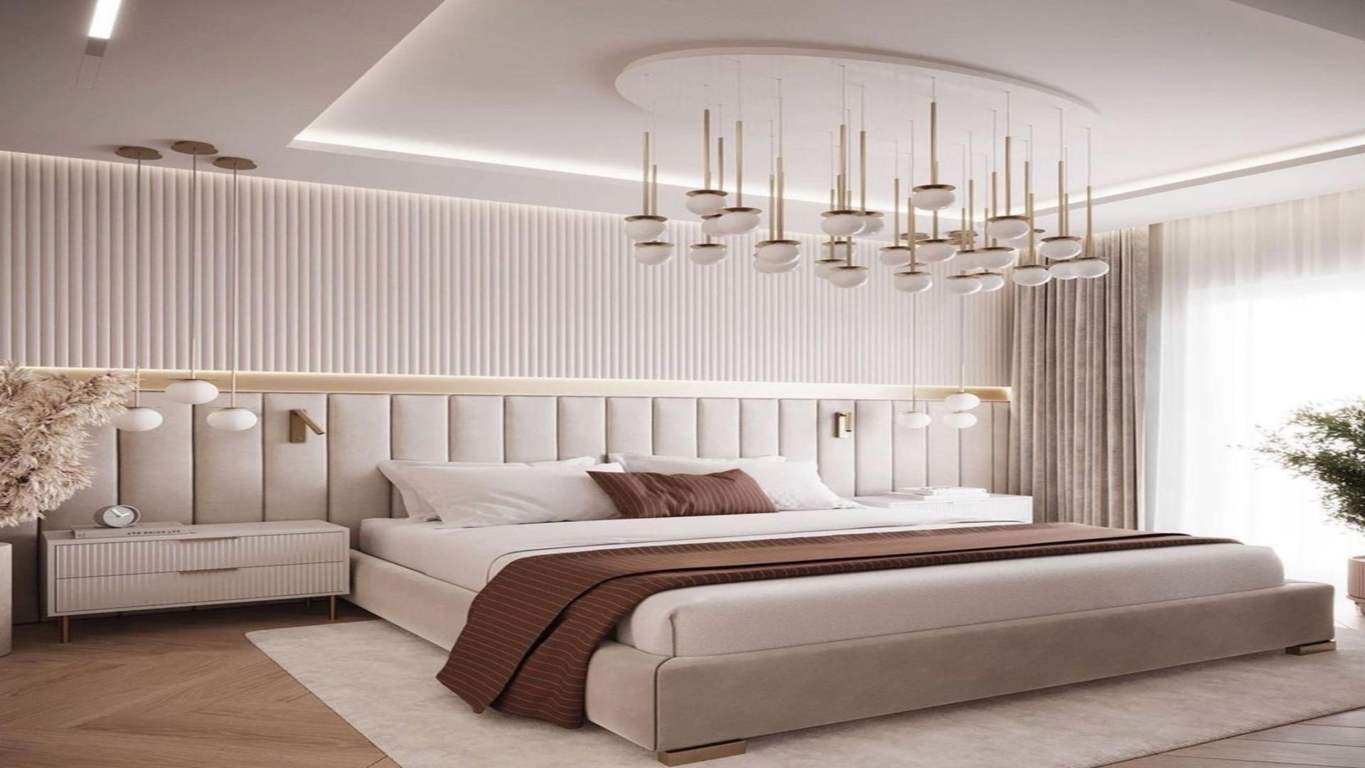 Luxurious living room in Jumeirah Islands villa with modern decor and elegant chandelier