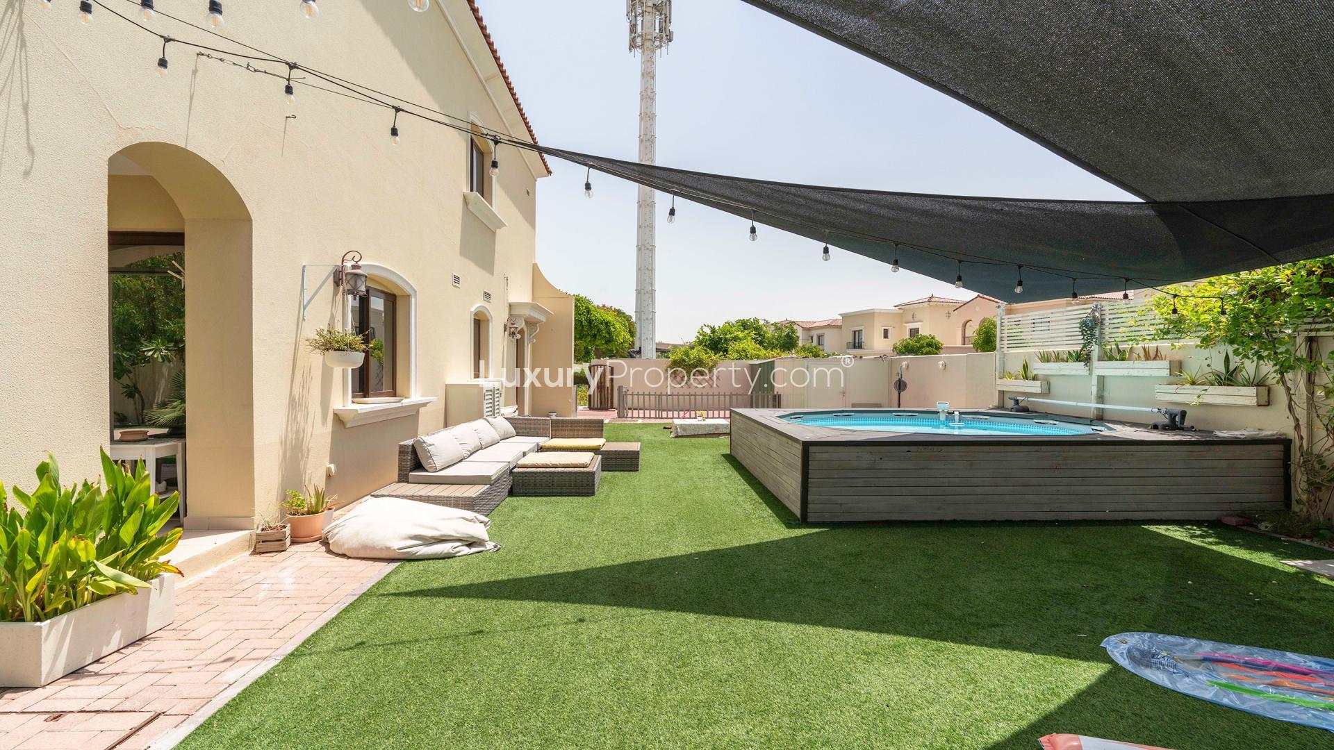 "Elegant villa exterior with patio in Samara, Arabian Ranches 2, available for rent.",Outdoor view of Arabian Ranches 2 villa with private pool and seating area