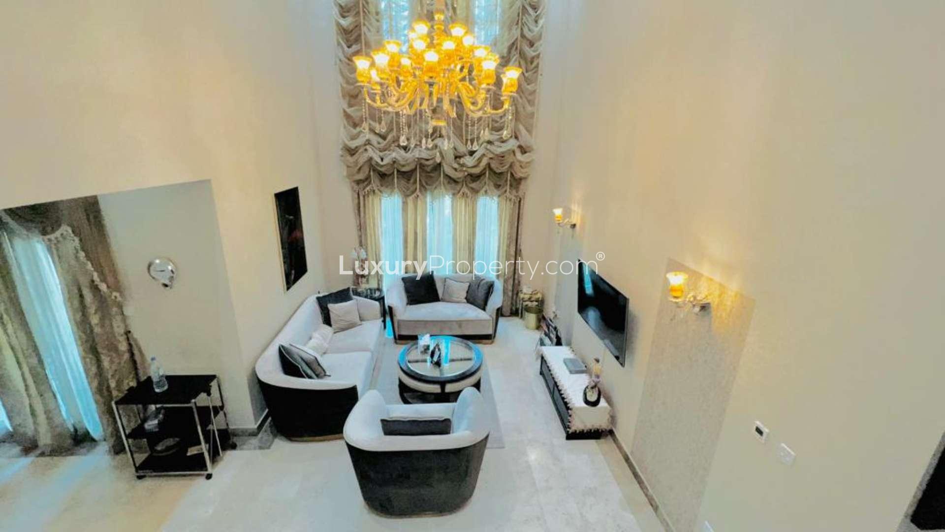 Luxurious Jumeirah Islands villa interior with elegant staircase and chandelier, European Clusters