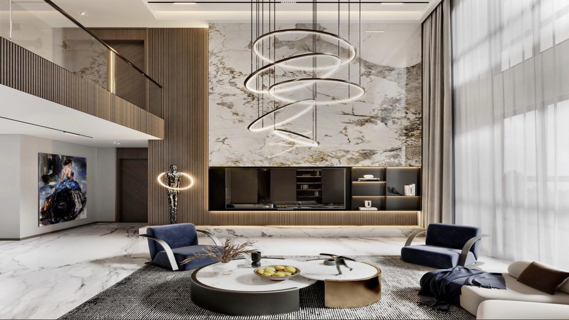 Ultra modern luxury villa living room with elegant decor and large windows in Jumeirah Islands