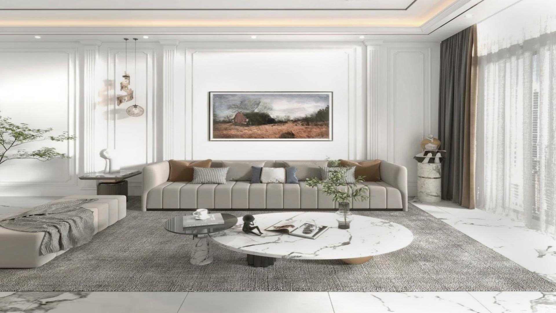 Ultra modern villa living room with elegant decor, marble accents, and unique lighting fixtures