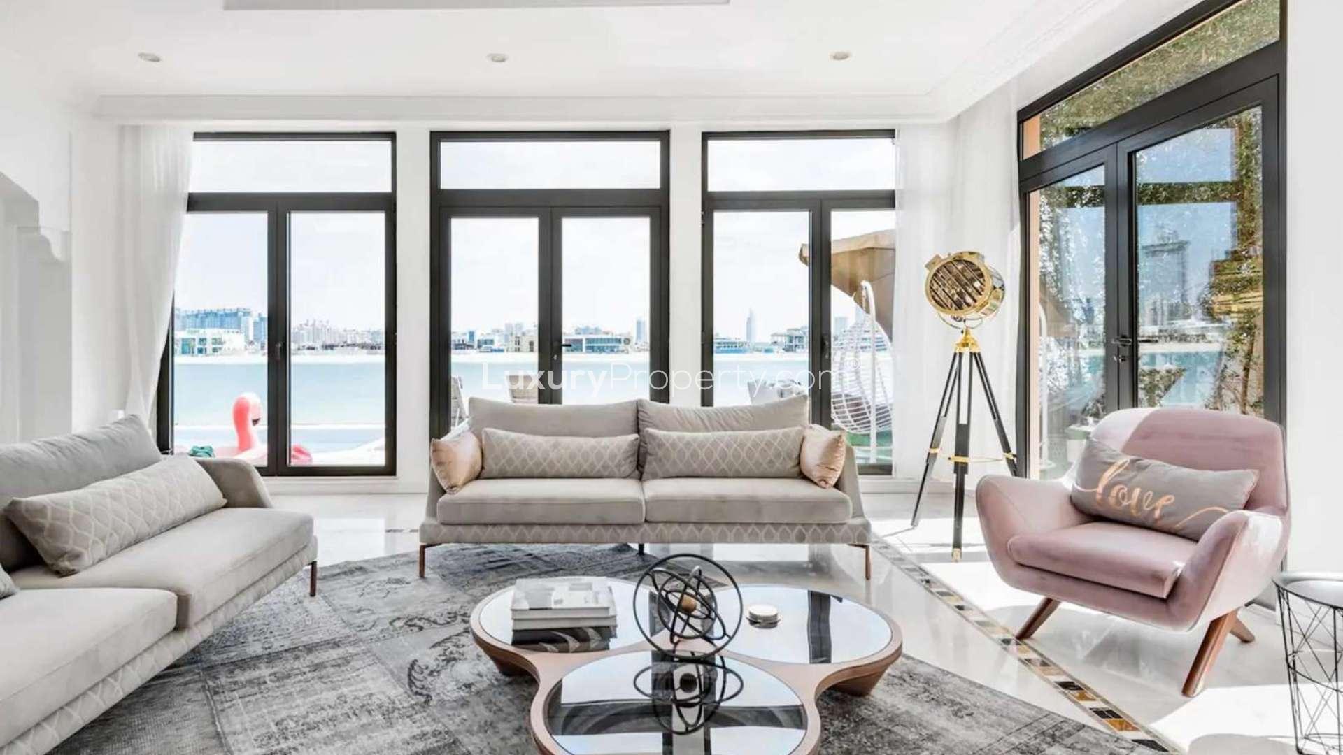 Luxurious living room in furnished Garden Home villa, Palm Jumeirah, with modern decor