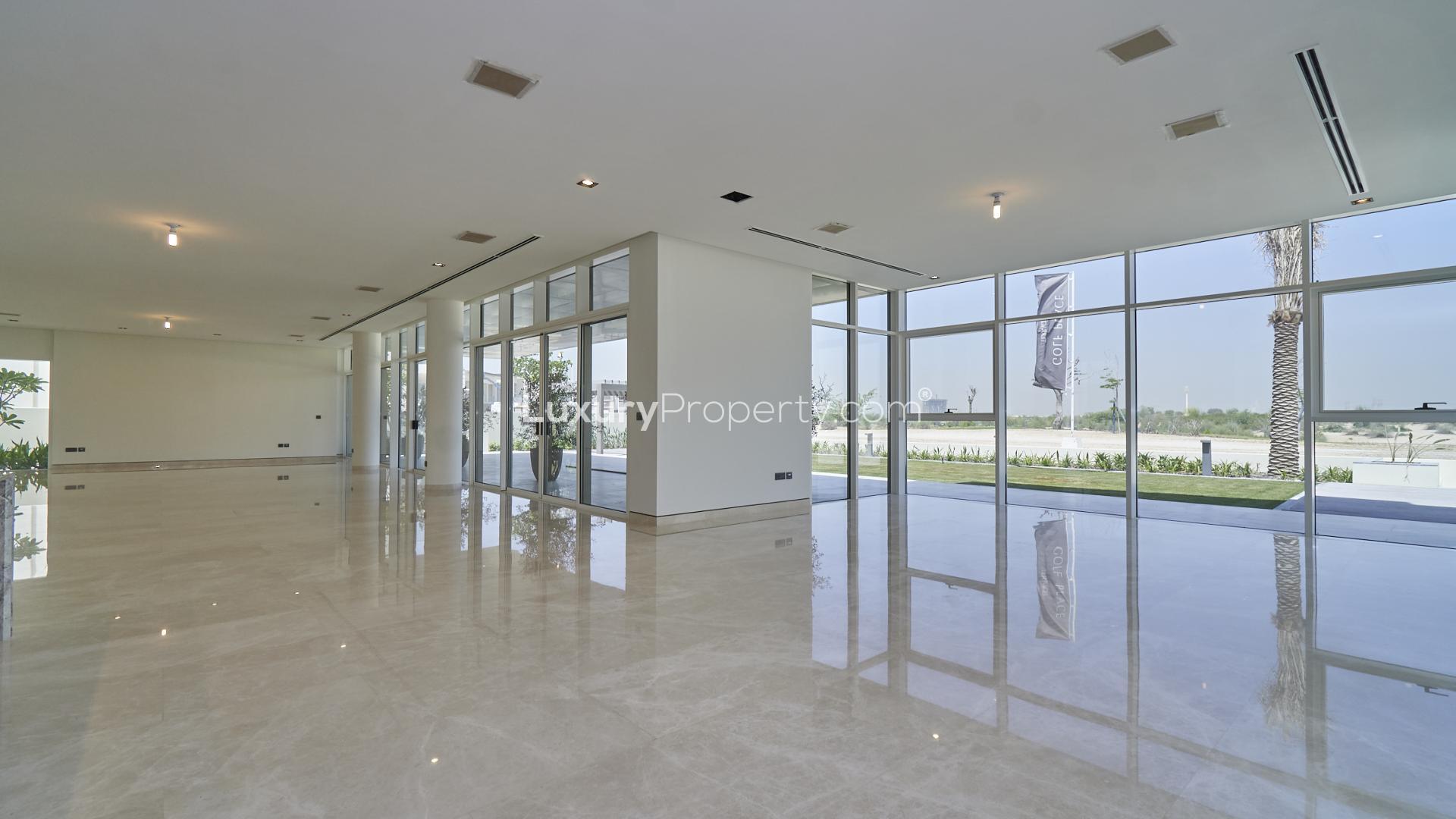 "Modern villa exterior with garden in Dubai Hills Estate, Golf Place, park view.",Spacious living area with large windows, Dubai Hills Estate villa, park view, marble flooring