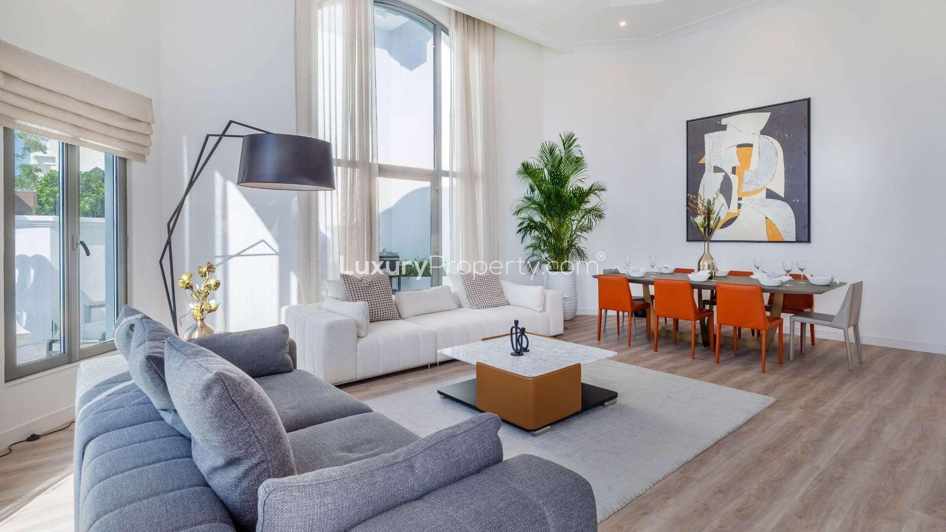 Luxurious living room in renovated villa, Palm Jumeirah, with sea view and modern decor