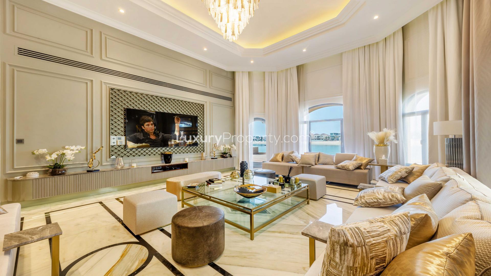 Luxurious living room in fully upgraded Palm Jumeirah villa, featuring elegant decor and seating