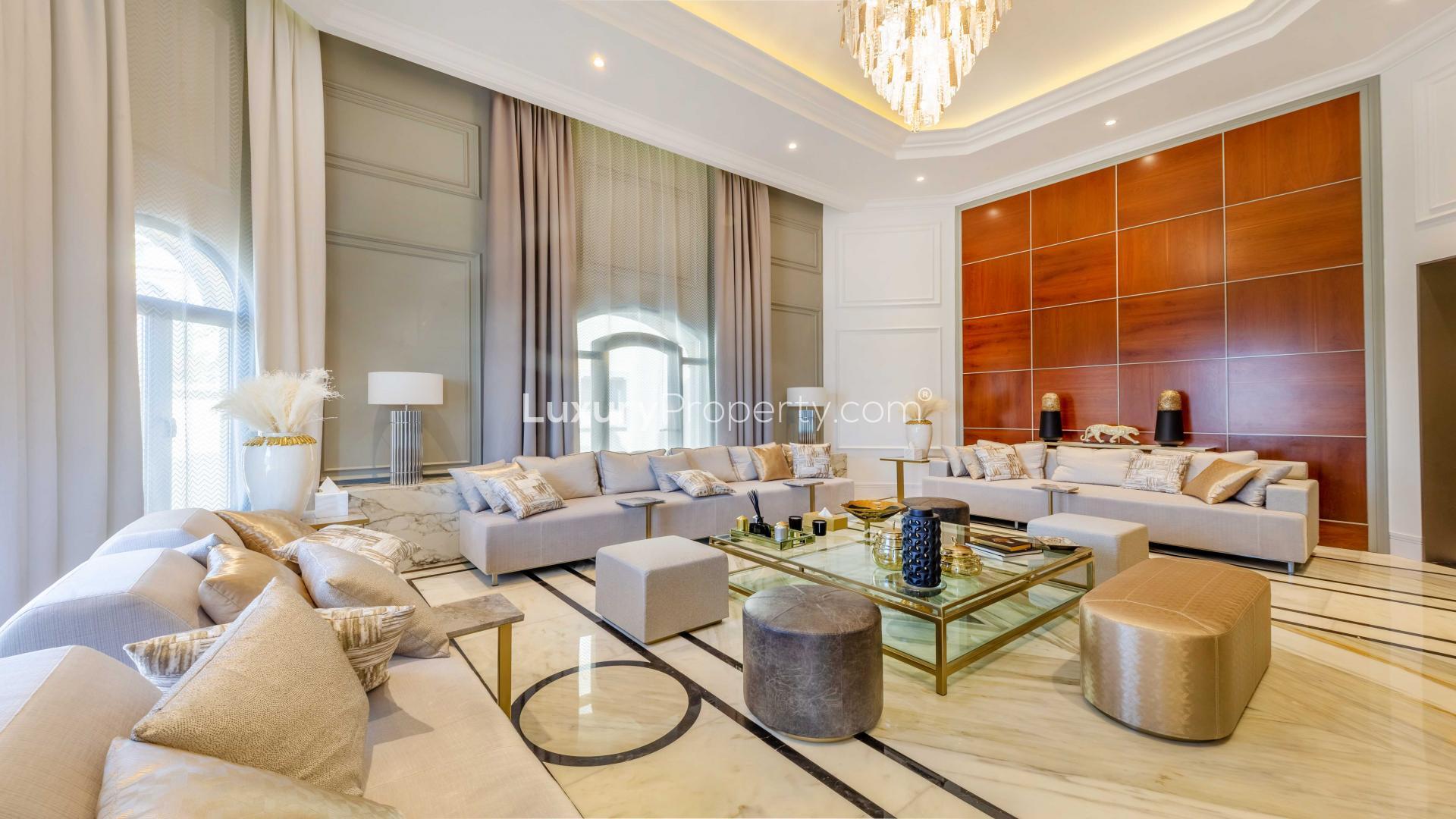 Luxurious living room in fully upgraded Palm Jumeirah villa with elegant decor and sea views
