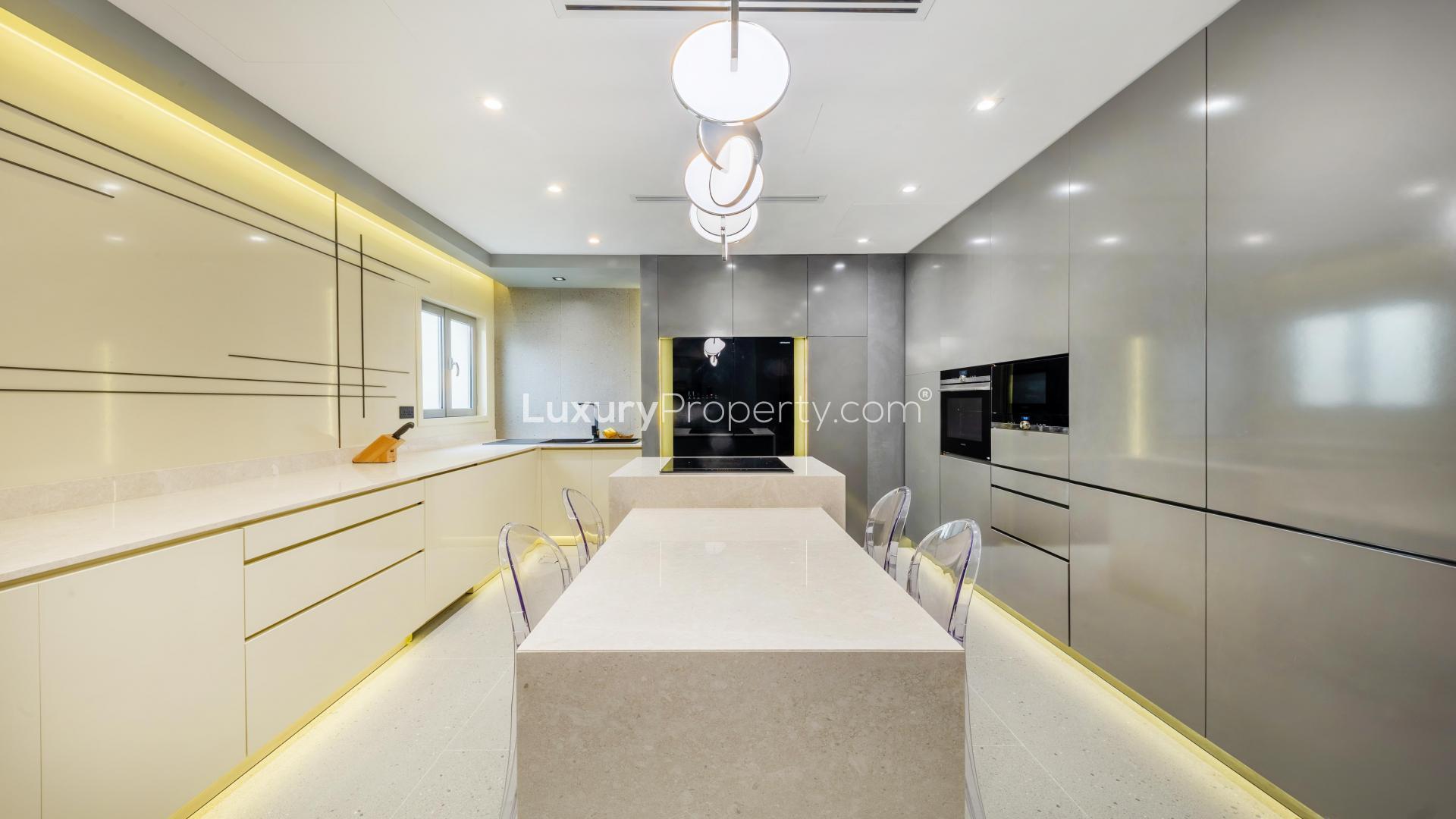 Luxurious living room in fully upgraded Palm Jumeirah villa, elegant decor and sea view