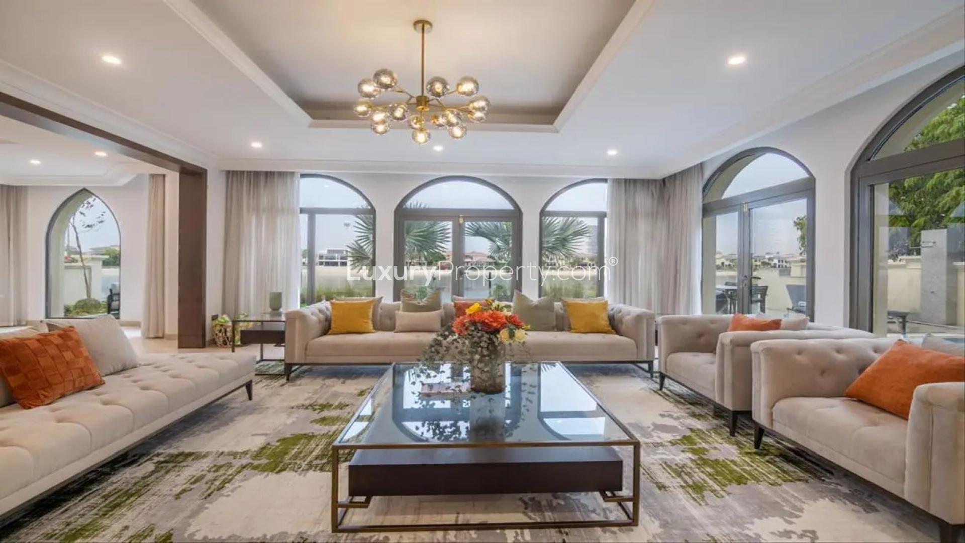 Luxurious living room in furnished 4-bed beach villa, Palm Jumeirah, Frond D, Garden Homes