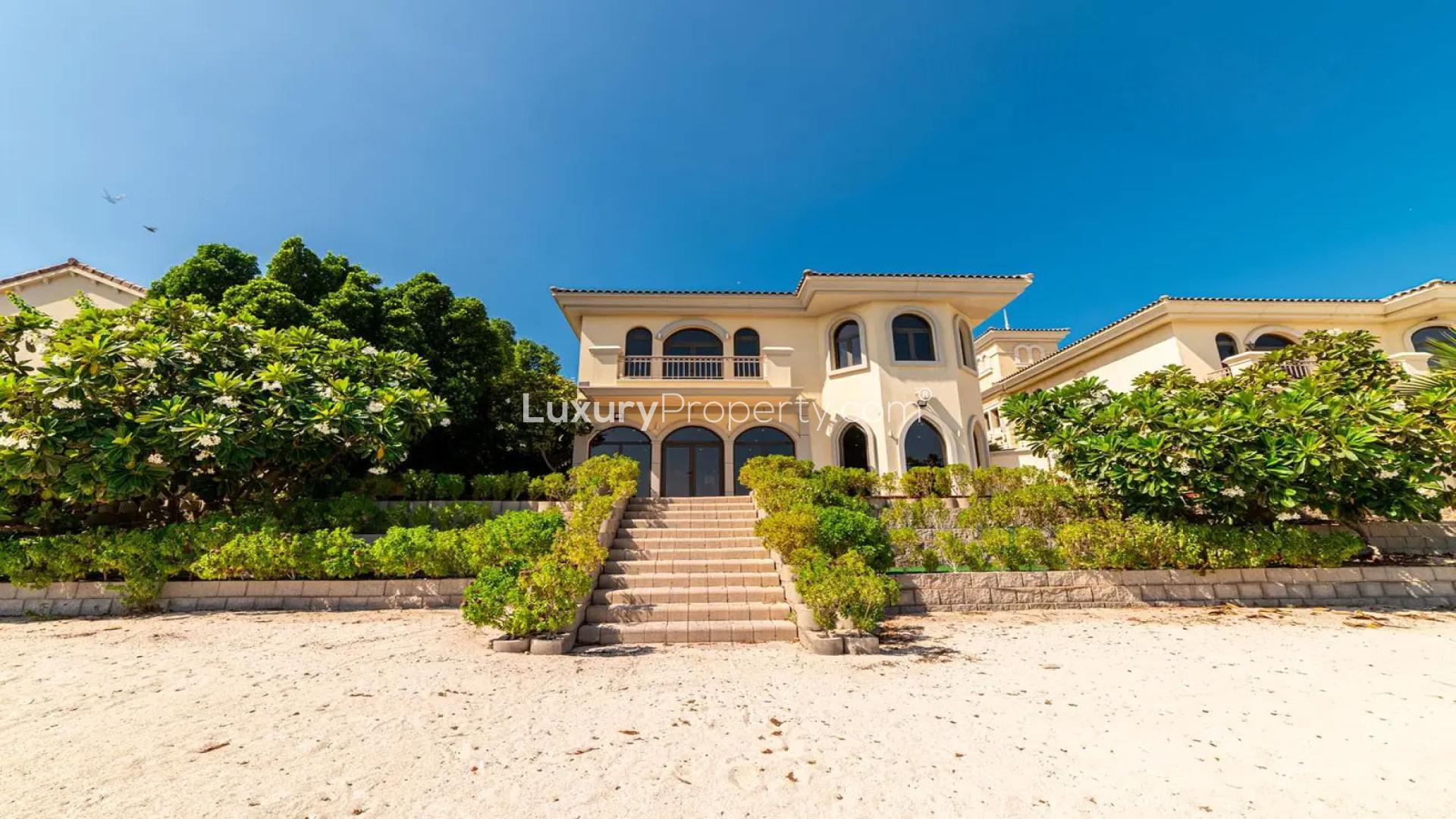 N/A,Waterfront four-bedroom villa exterior in Garden Homes, Palm Jumeirah, available for rent