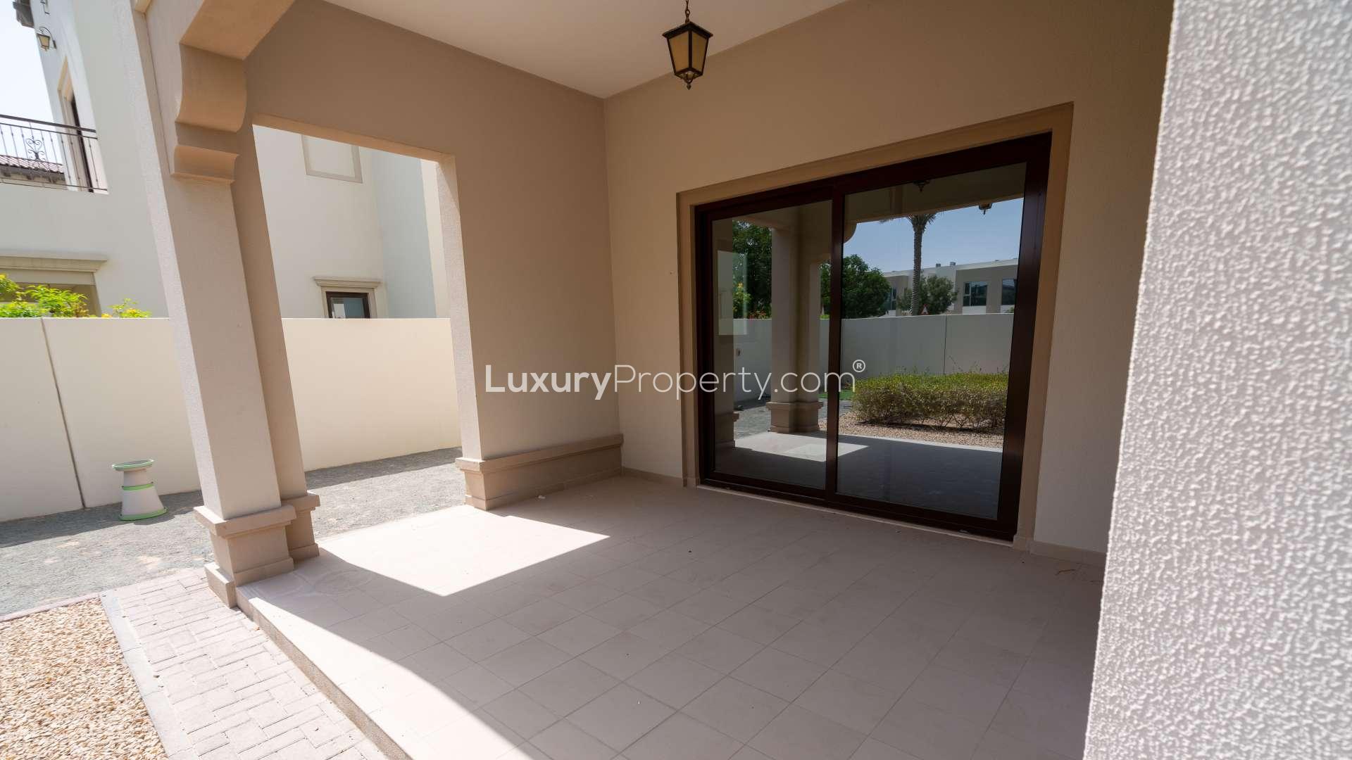 Covered patio entrance of 4-bedroom villa in Rosa, Arabian Ranches 2 for rent