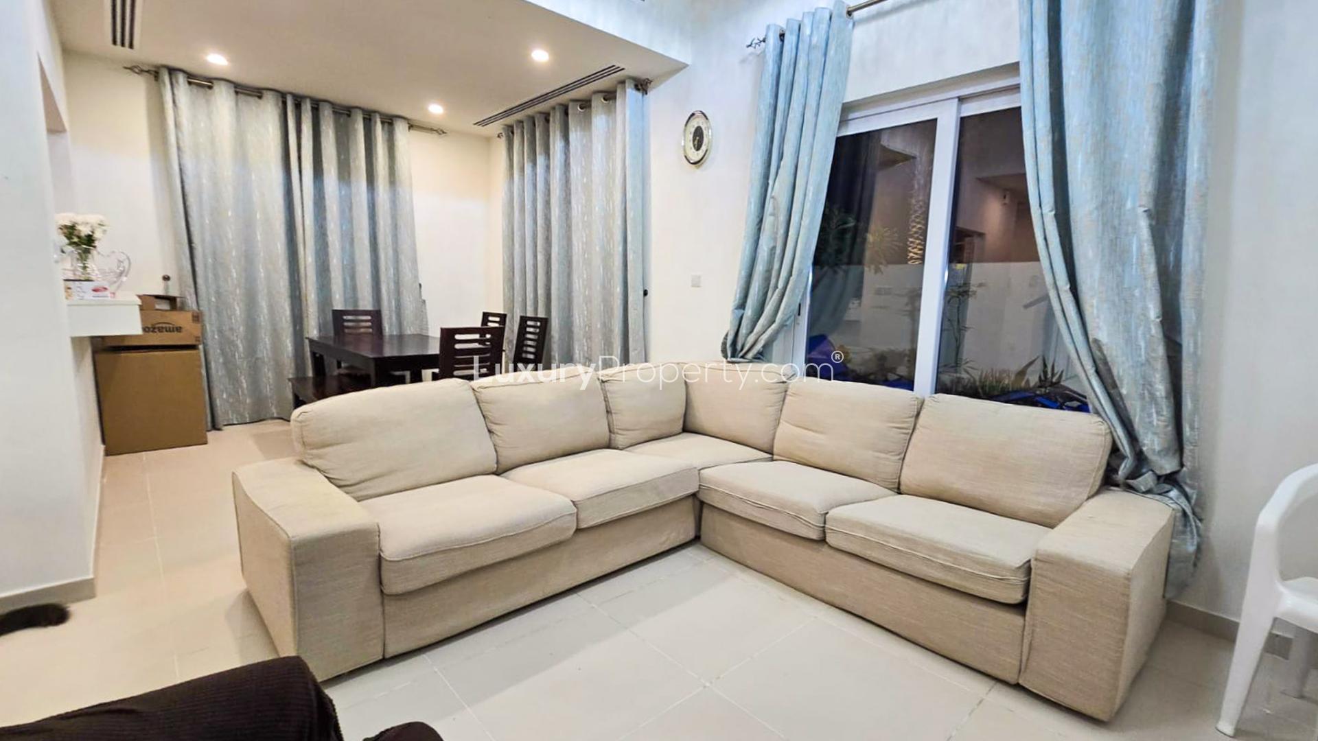 Pool view from spacious 4-bedroom villa for rent in Villanova, Dubai Land