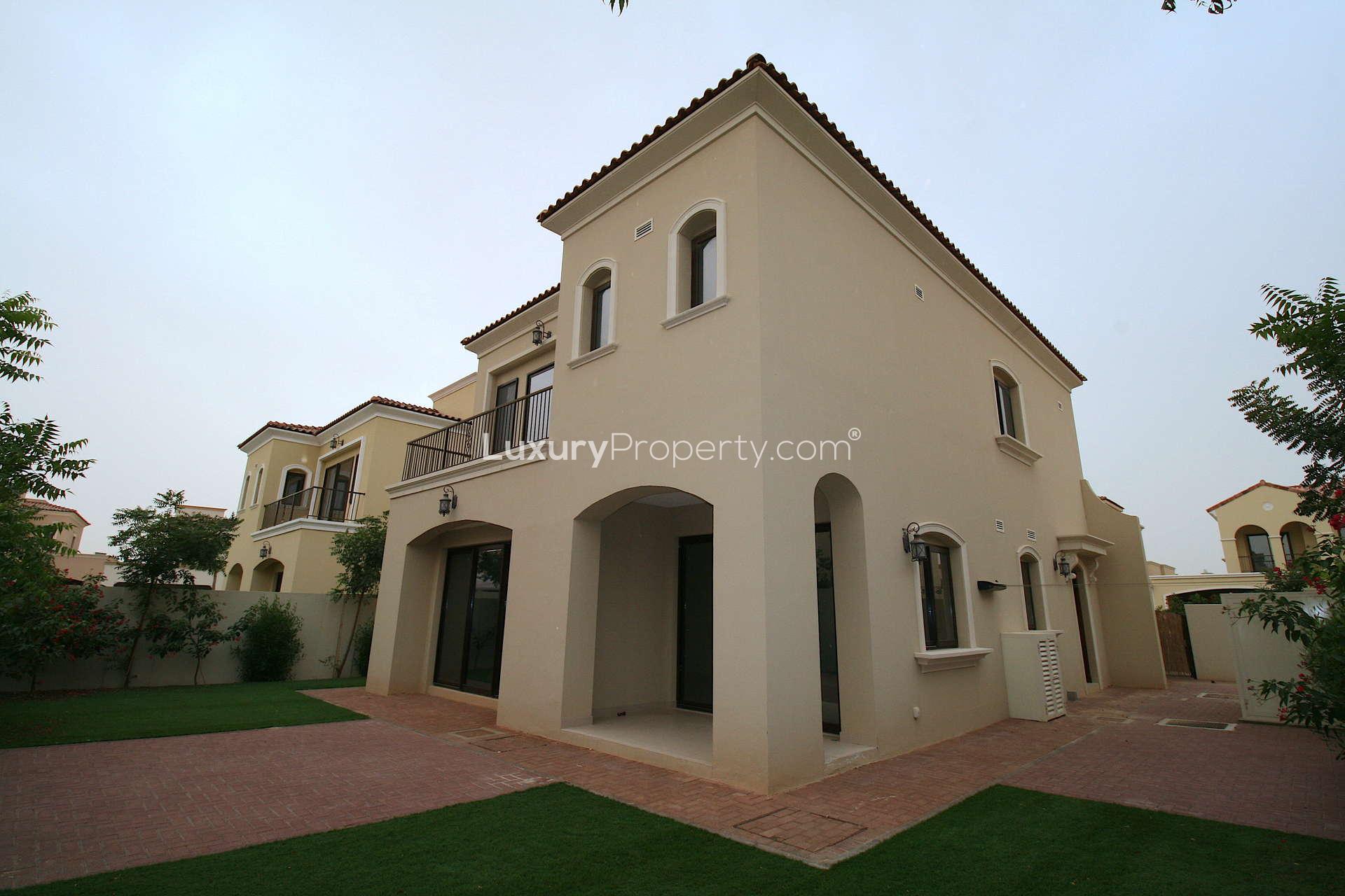 Beautiful four-bedroom villa exterior in Samara, Arabian Ranches 2, with garden view