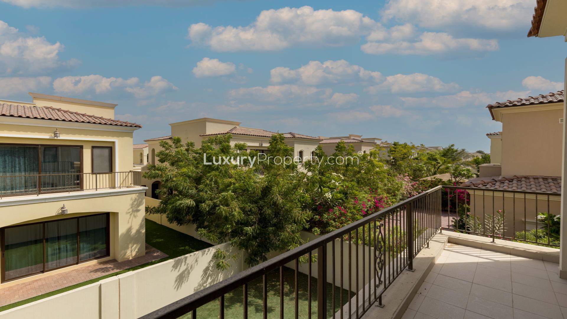 Bright standalone villa exterior with garden in Samara, Arabian Ranches 2, available for rent