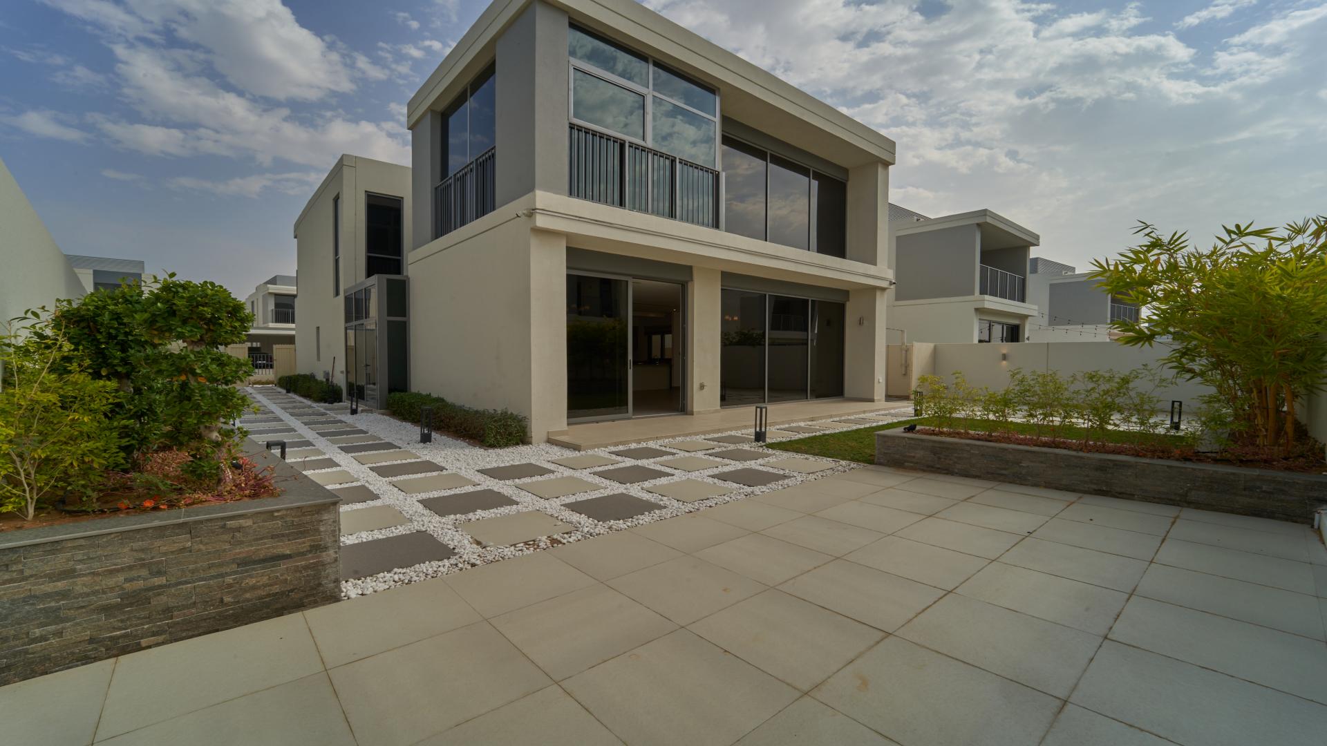 Upgraded Type 3 Villa exterior in Sidra Villas, Dubai Hills Estate, modern design pathway