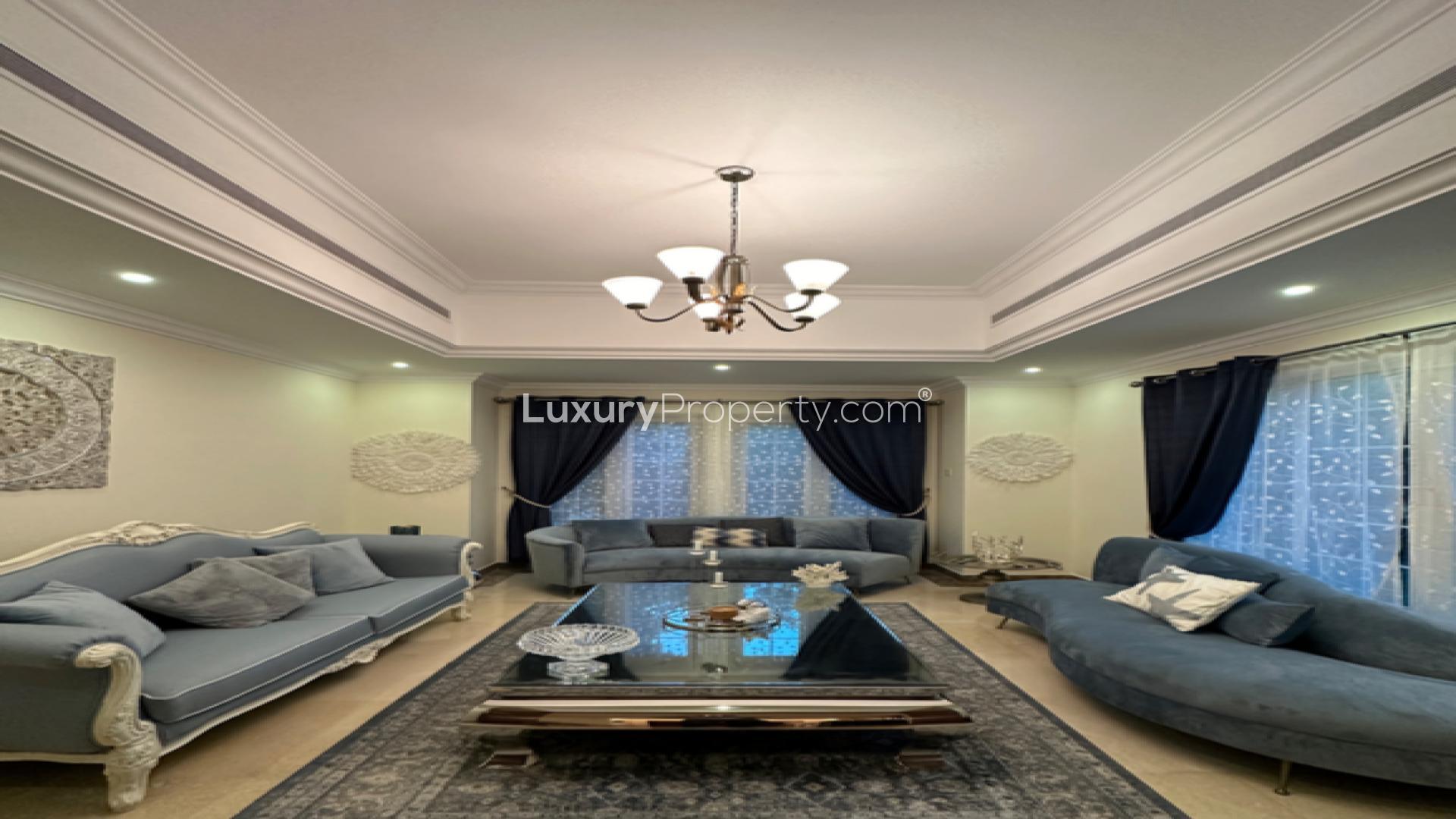 Exterior view of luxurious villa entrance in Jumeirah Islands, Cluster 46 for rent