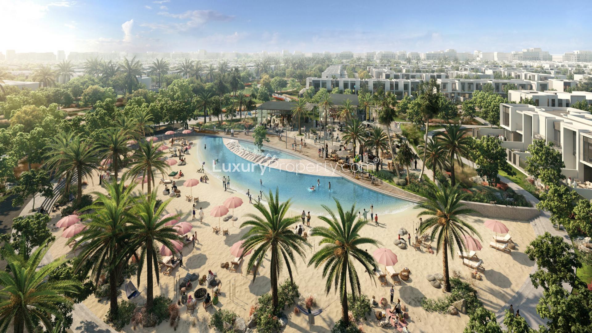 Luxurious living room in contemporary 5-bedroom villa, The Valley, Emaar, with pool view