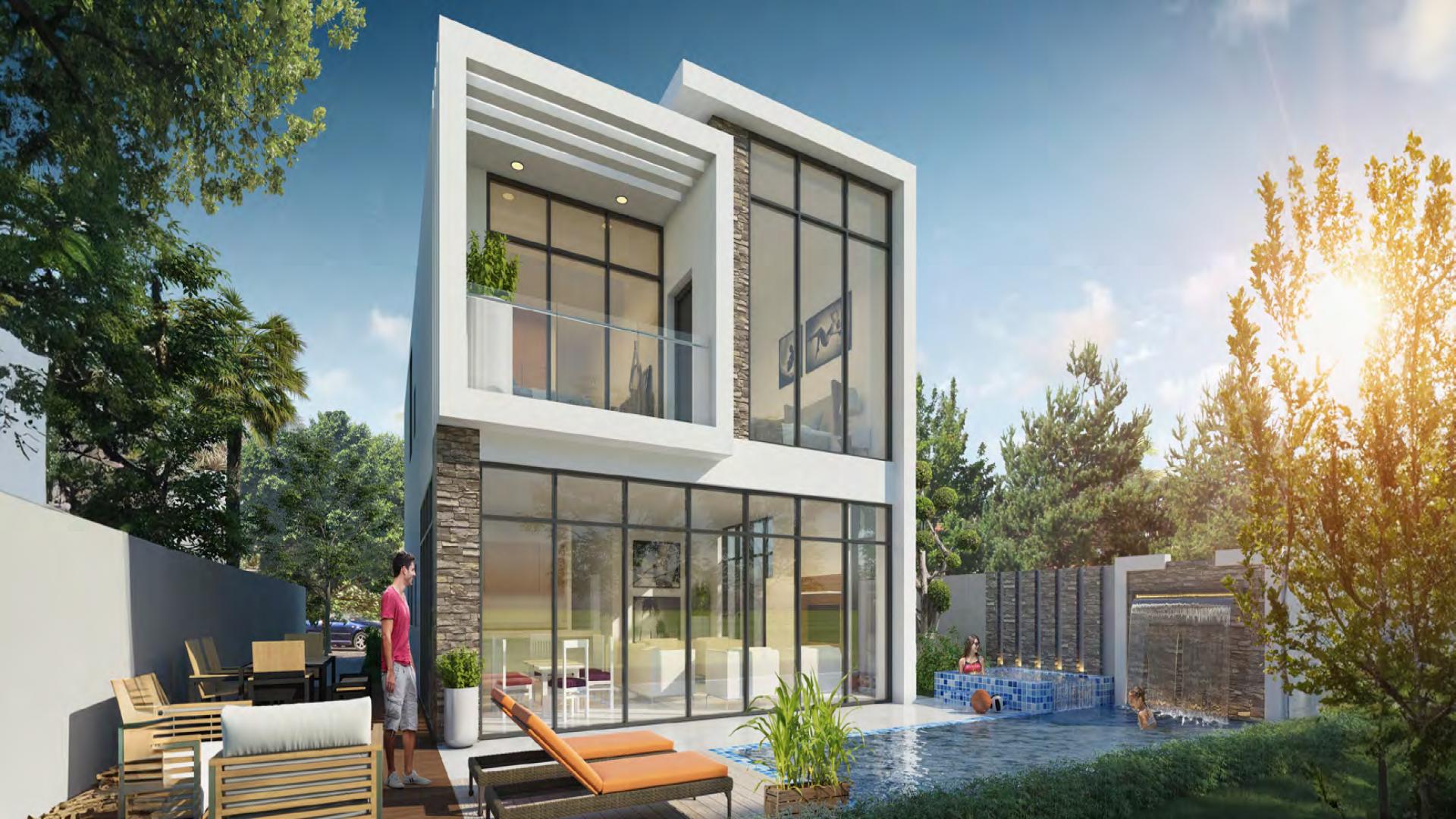 Luxurious living room in DAMAC Hills' 4-bedroom villa, modern decor and elegant design