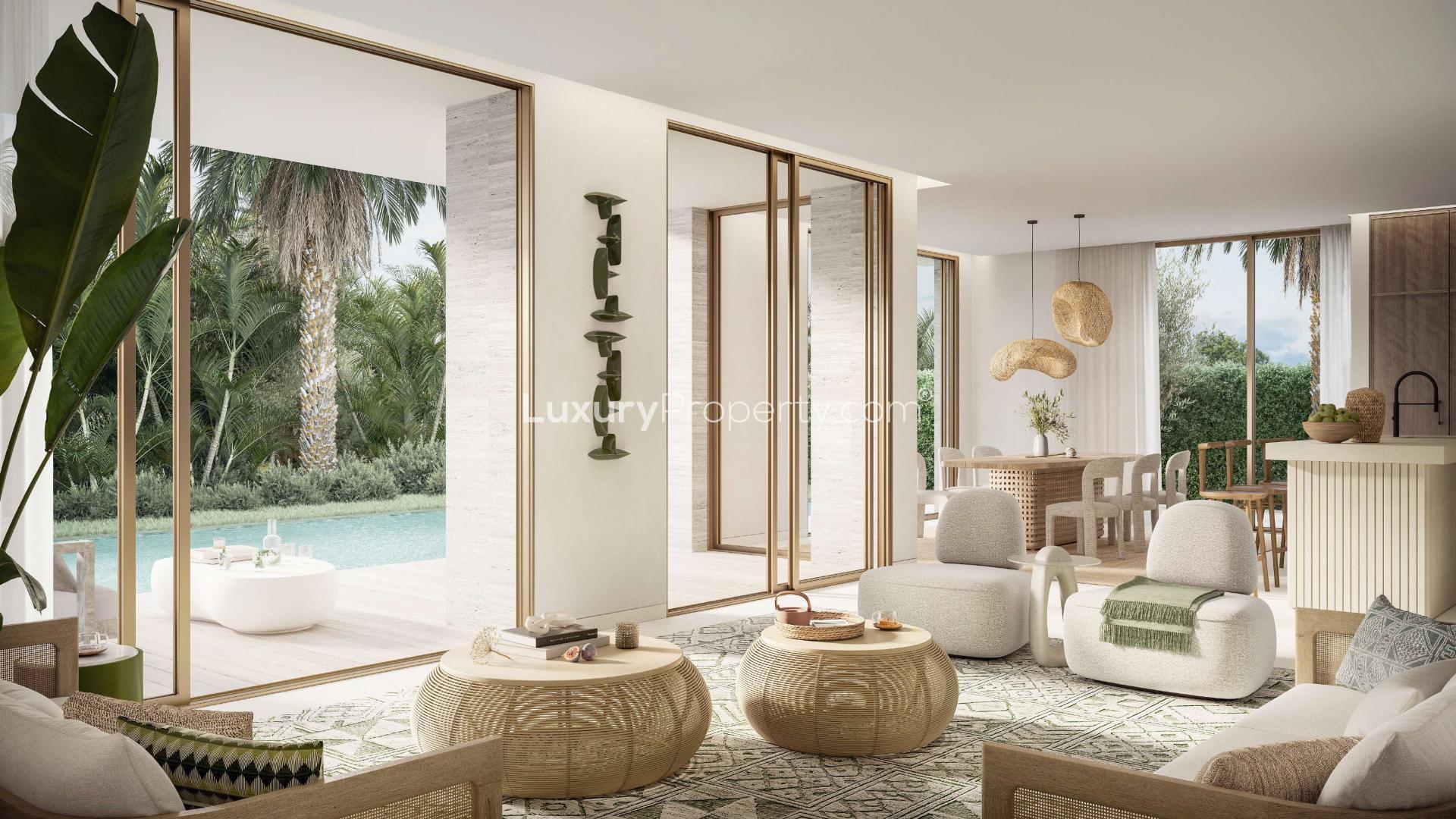 Luxurious outdoor seating area of 4-bedroom garden villa in Dubai Islands, Deira