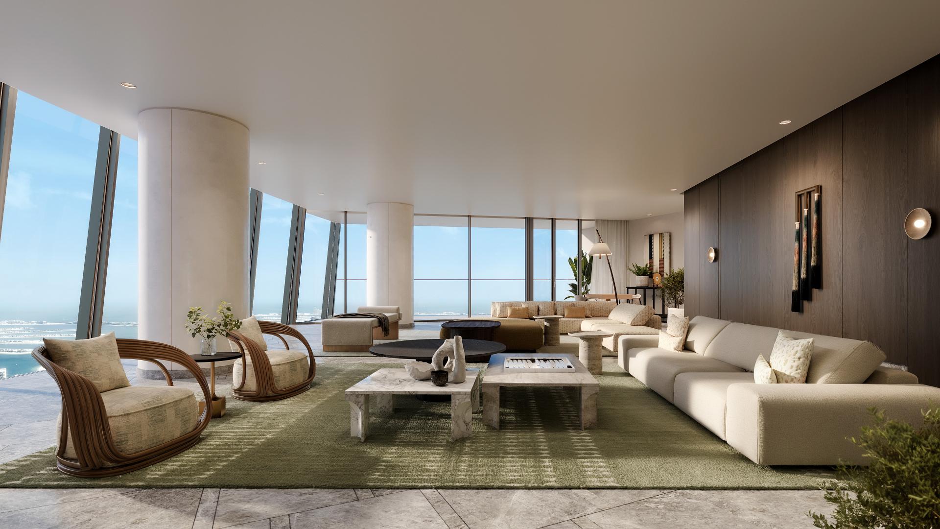Luxurious living room in 4-bedroom sky mansion duplex, Dubai Marina, panoramic windows