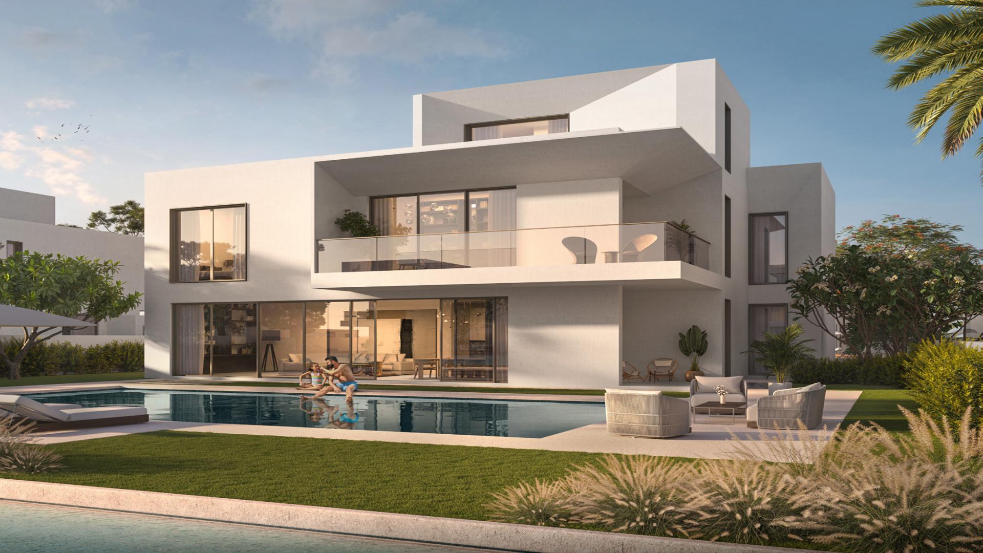 Modern chamfered villa exterior at The Oasis, Emaar, featuring lush greenery and driveway