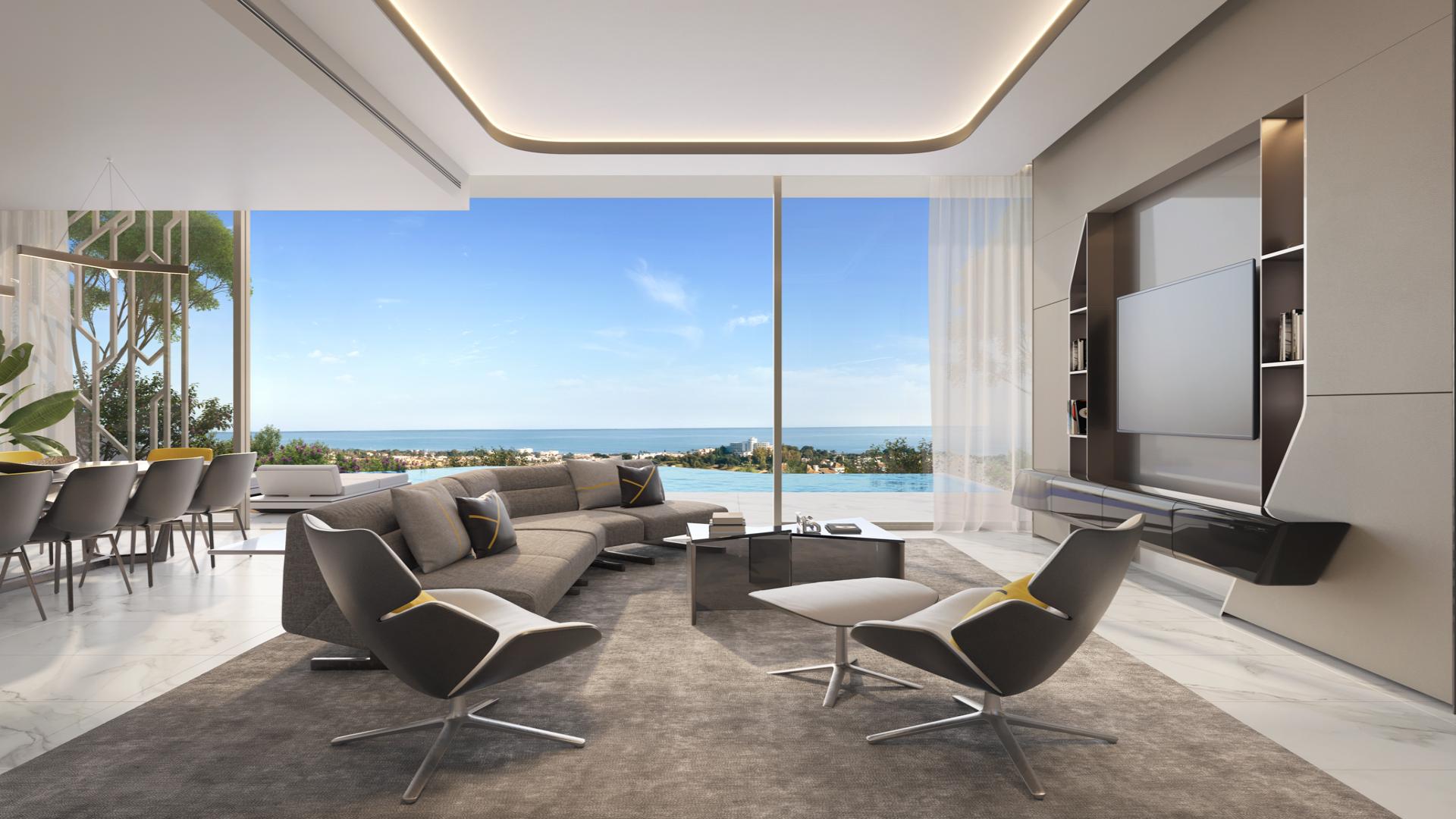 Luxurious living room in Esmeralda villa with sea view and modern decor