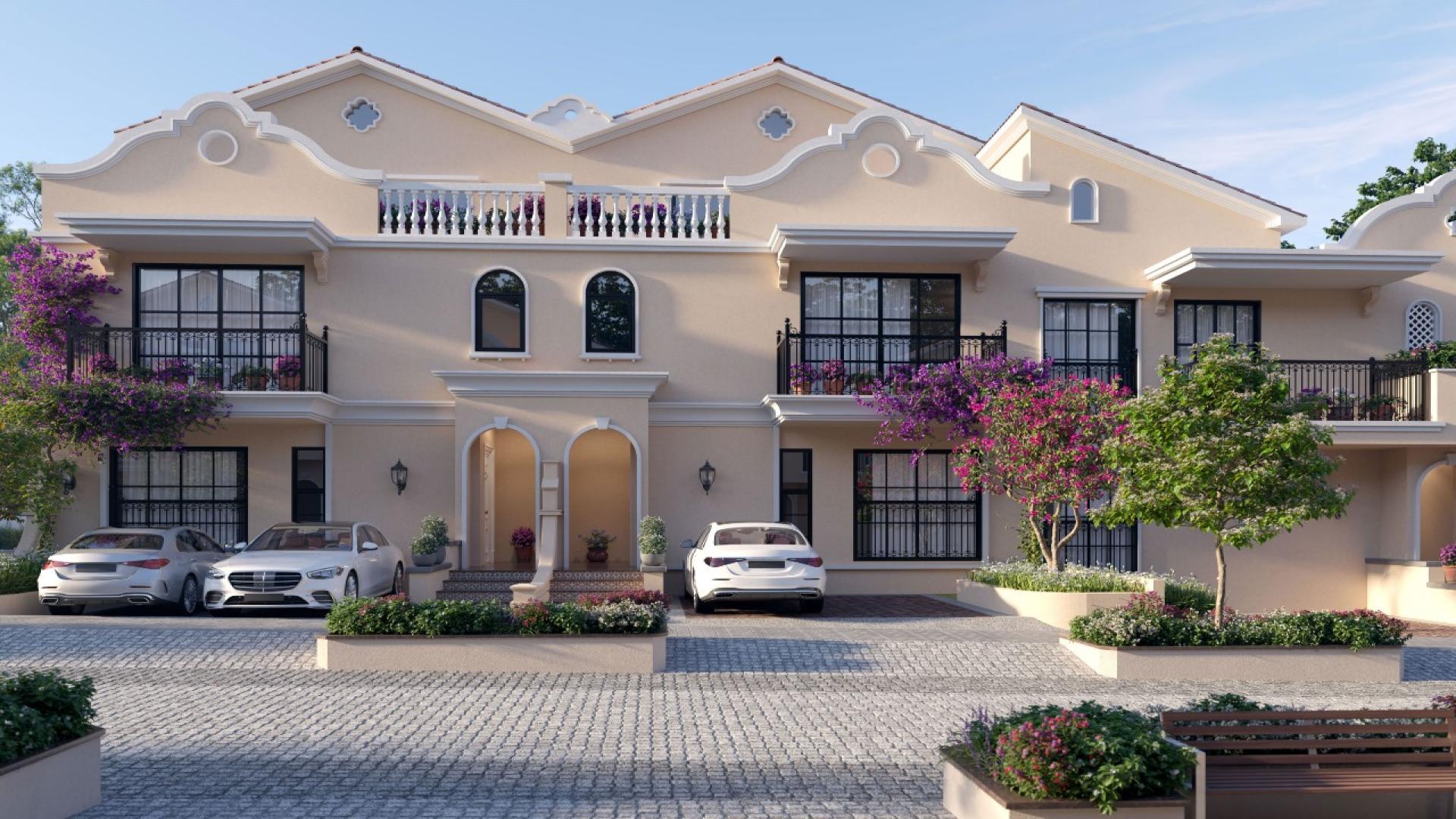 Charming street view of premium villas in Sobha Galera, Bangalore, with fountain and gardens