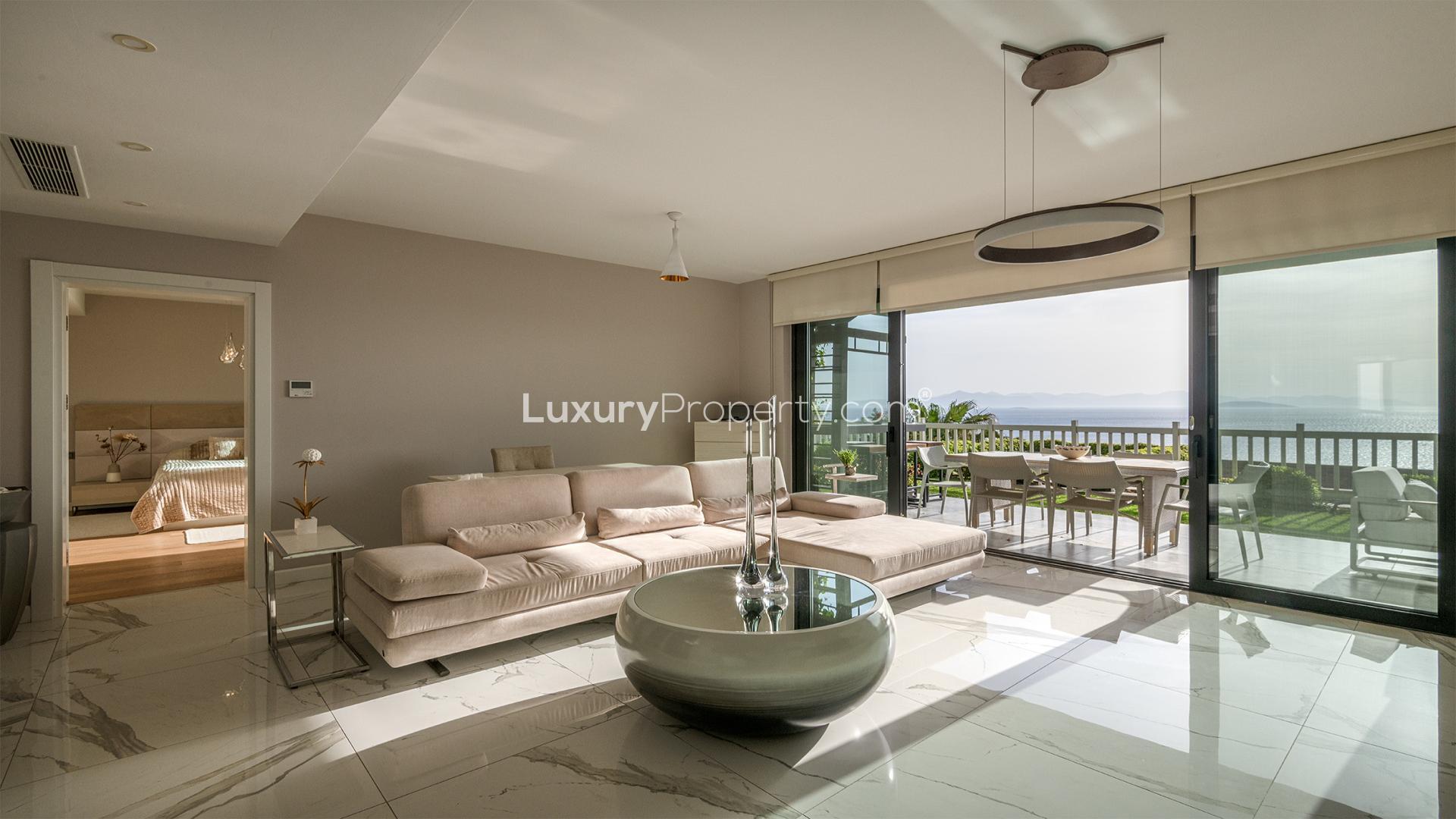 Coastal villa patio with ocean view at Pera Gümüşlük Evleri, Bodrum