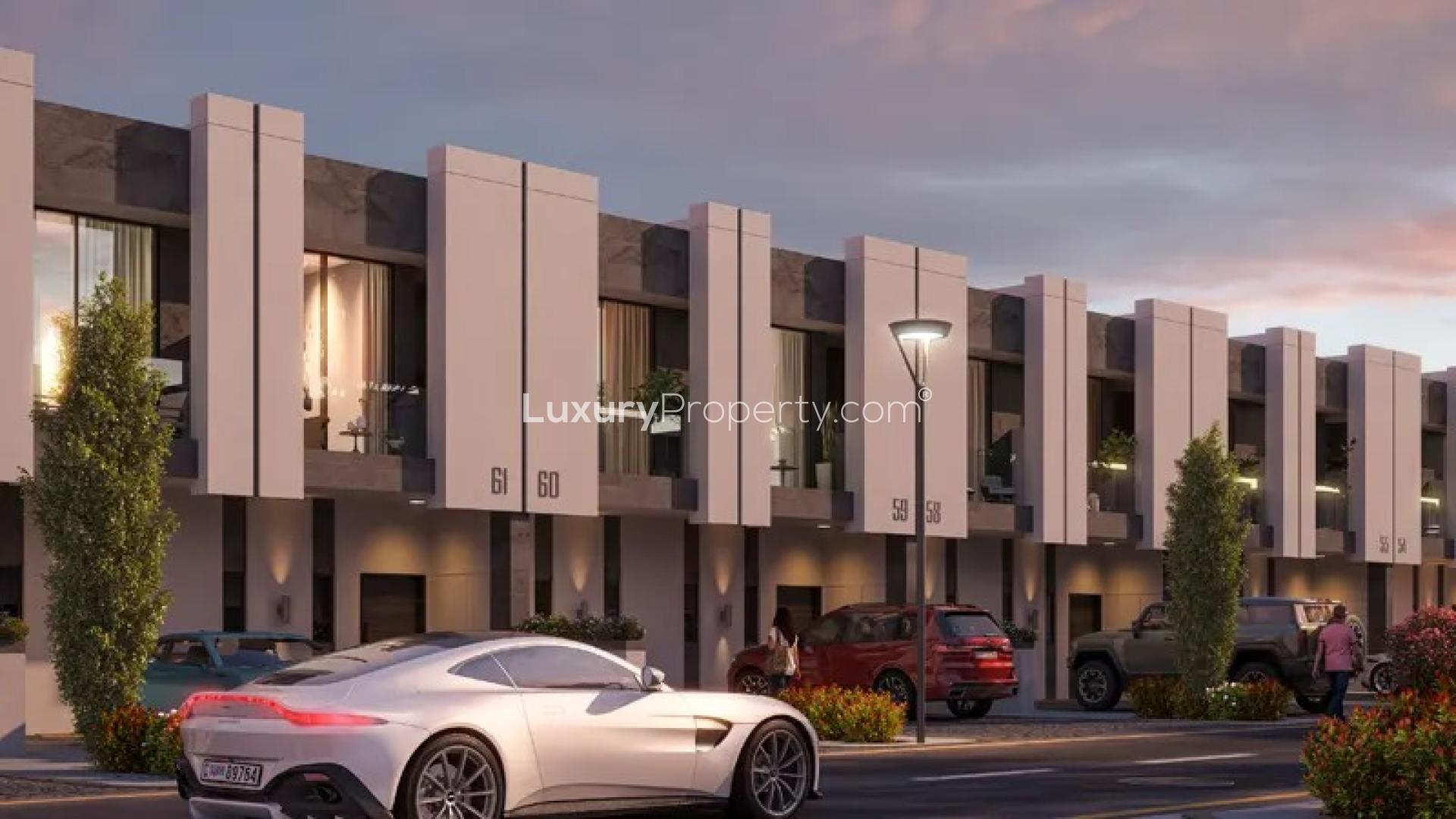 Outdoor seating area in Reportage Village, Wadi Al Safa, near modern 4BR townhouse