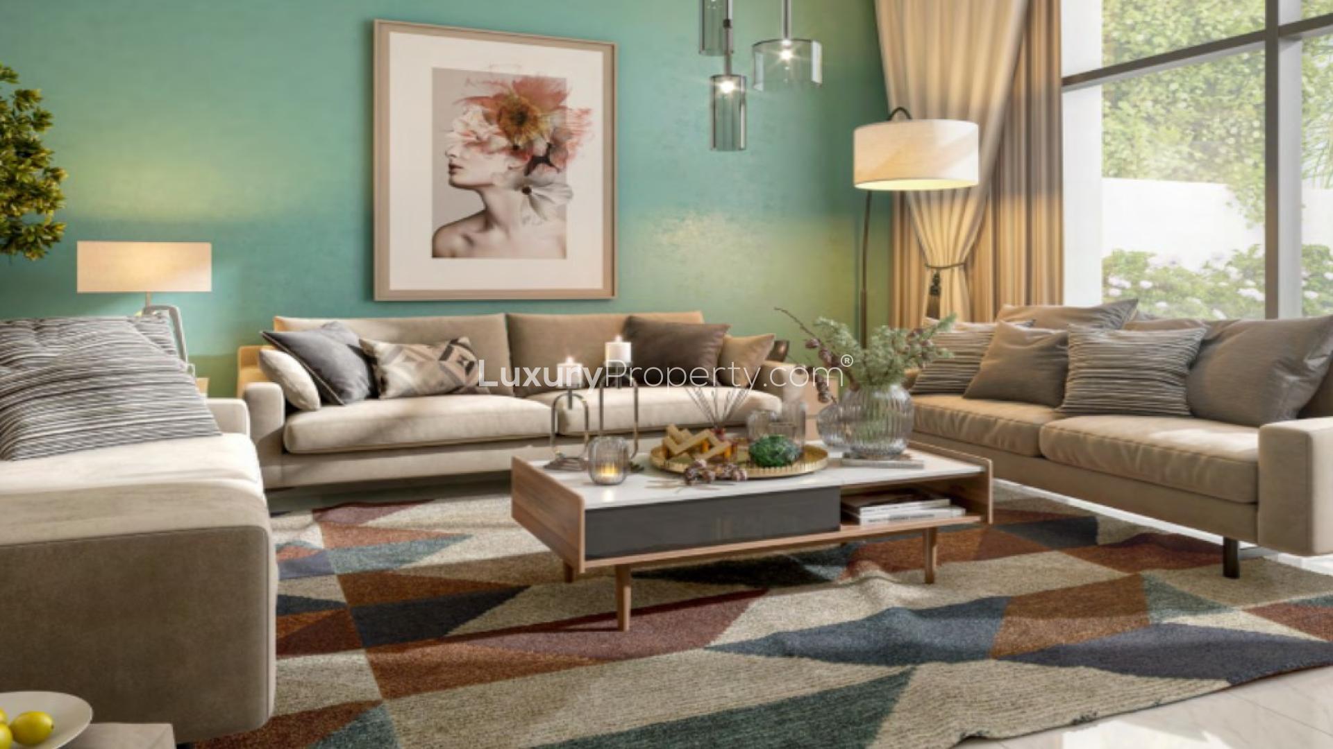 Modern living room in 4-bedroom townhouse, Bianca community, with stylish decor and lighting