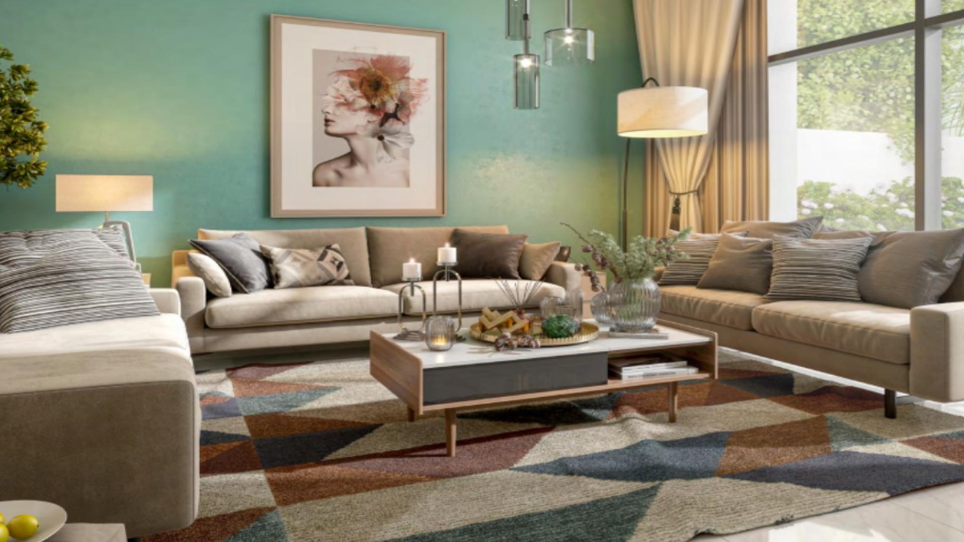 Modern living room in 4-bedroom townhouse, Bianca community, with stylish decor and lighting