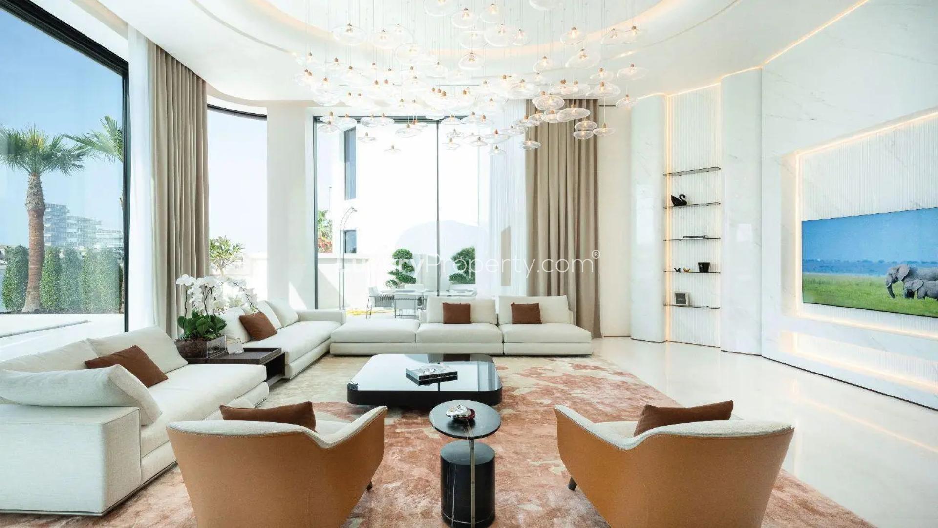 Luxurious Palm Jumeirah villa living room with sea view, elegant decor, and modern furnishings