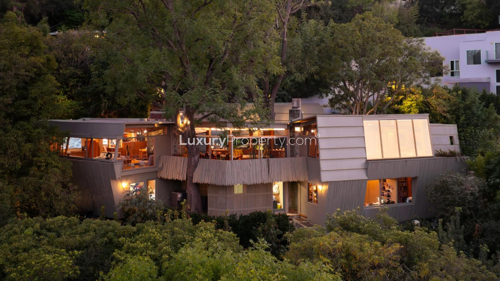 Luxurious living room with city view in Hollywood Hills villa for sale